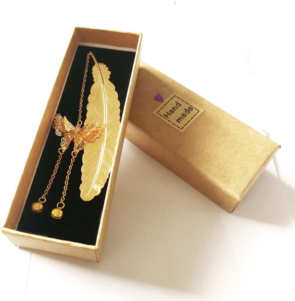 Metal Feather Bookmark with 3D Butterfly and Glass Bead Pendant, Exquisite Bookmark Book Marker for Book Lover, Teachers, Friends, Grandma, Woman and Kids (Silver Feather Pink Ball White F)