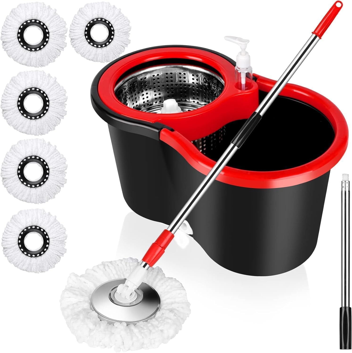 Mop and Bucket with Wringer Set, 360&deg; Spinning Mop Bucket System with 5 Microfiber Mop Replacement Heads and Stainless Steel Adjustable Handle for Floor Cleaning,Black image number 3