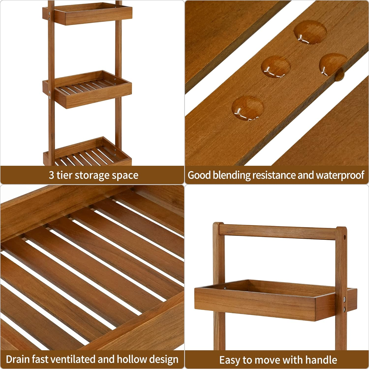 Utoplike Teak Shower Caddy Corner, 3 Tier Standing Shower Organizer Shelf with Handle, Wood Bathroom Stand up Caddy Basket for Shampoo, Rack for inside Shower, Bath, Office, Kitchen Desktop image number 6