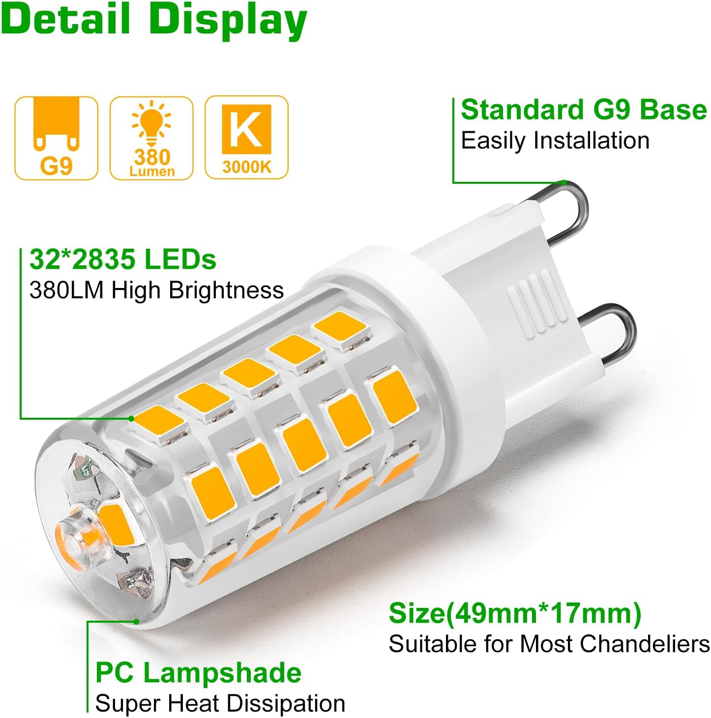 UCINNOVATE 10 X G9 LED Light Bulbs, Warm White 3000K, 3W Equivalent to 35W G9 Halogen Bulbs, Non-Dimmable 230V for Living Room Bedroom Ceiling Light Home Indoor Decoration image number 2