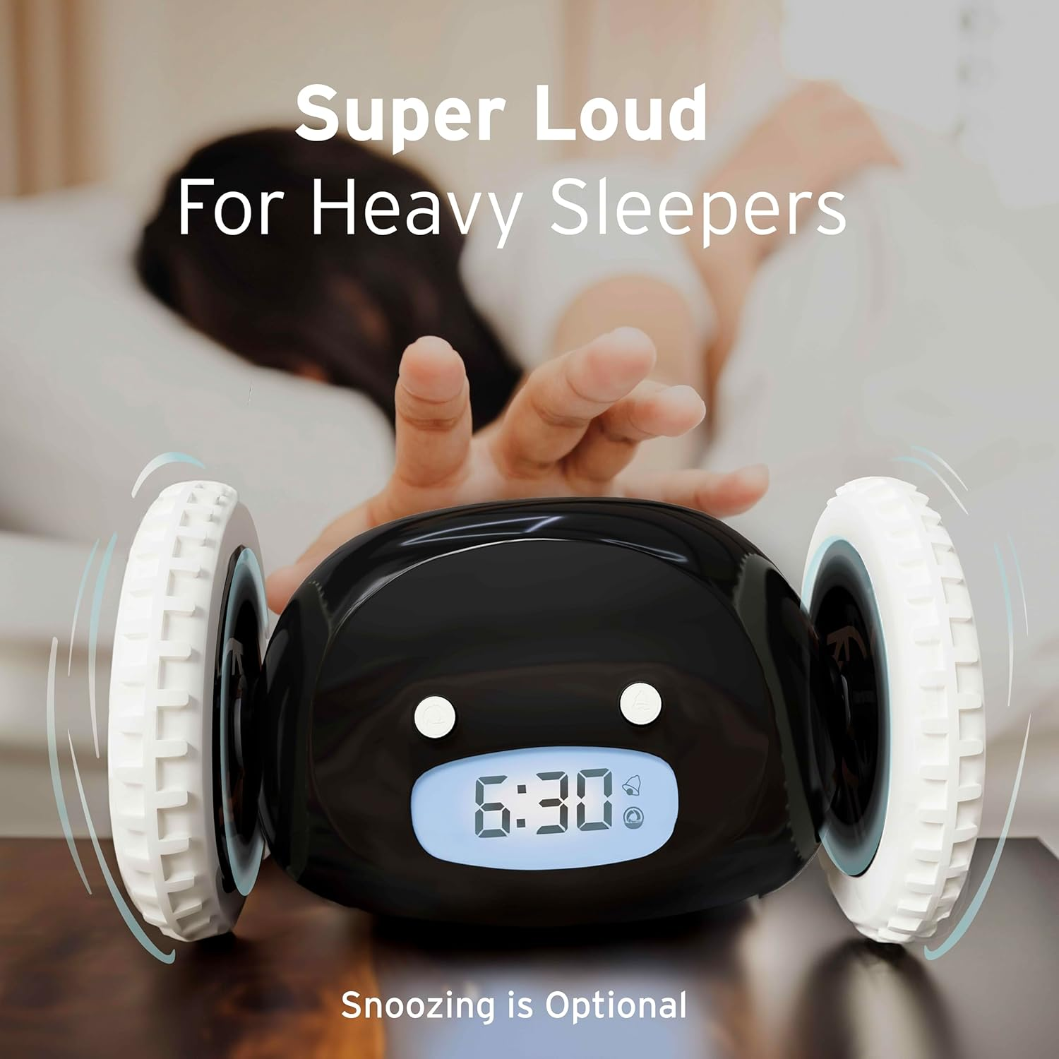 CLOCKY Digital Alarm Clock for Bedroom on Wheels Runaway Moving Extra Super Loud Alarm Clock for Heavy Sleepers Adults Deaf Hard to Wake up Sleeper Kids Teens Funny Cute Alarm Clock Prank Gift (Black) - Black Wheels image number 7