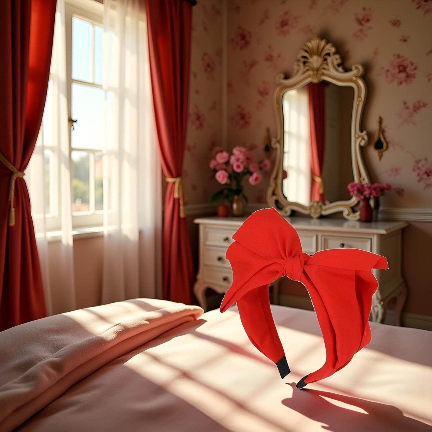 1Pc Red Women'S Bowknot Headband,Exquisite Knotted Bow Headbands for Women Headbands with Double Layer Bows Red Top Knot Bows Head Band Accessories for Women Girls Hair Care Accessories image number 5