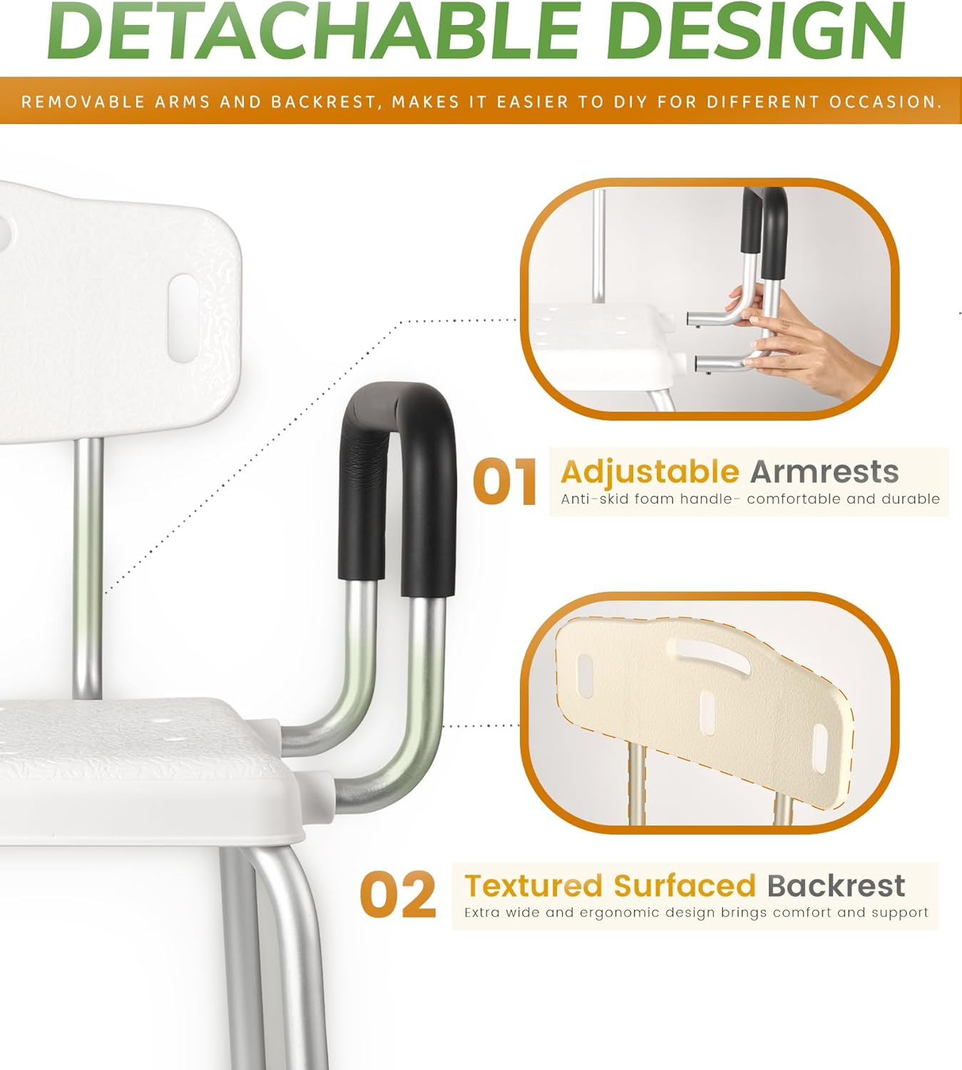 STABASE Heavy-Duty Shower Chair with Arms and Backrest &ndash; 180Kg Capacity, Adjustable Height Bath Seat for Elderly, Seniors, Disabled & Injured Adults image number 4