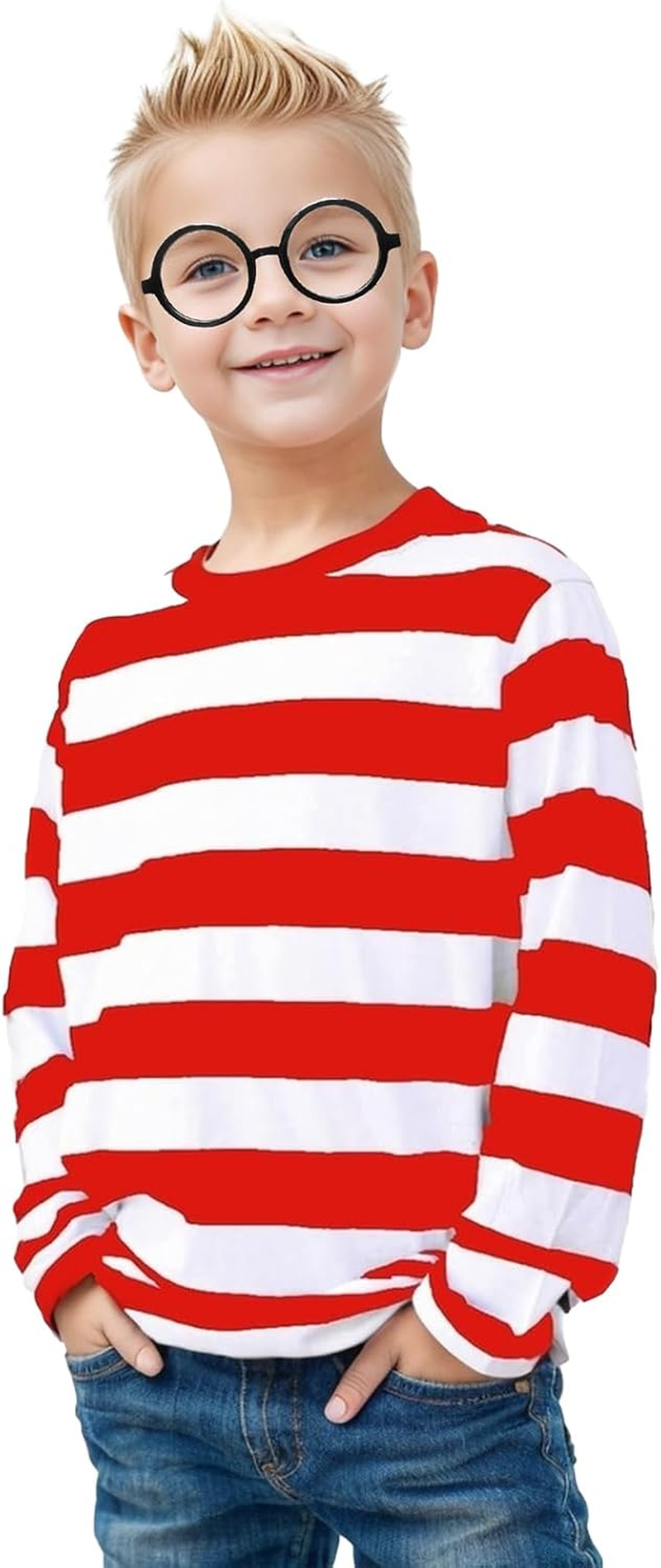 Wally Costume Kids Cosplay Accessories Set for Girls Boy Red and White Striped T Shirt Hat Glasses Walking Stick Socks Book Day Costumes image number 2