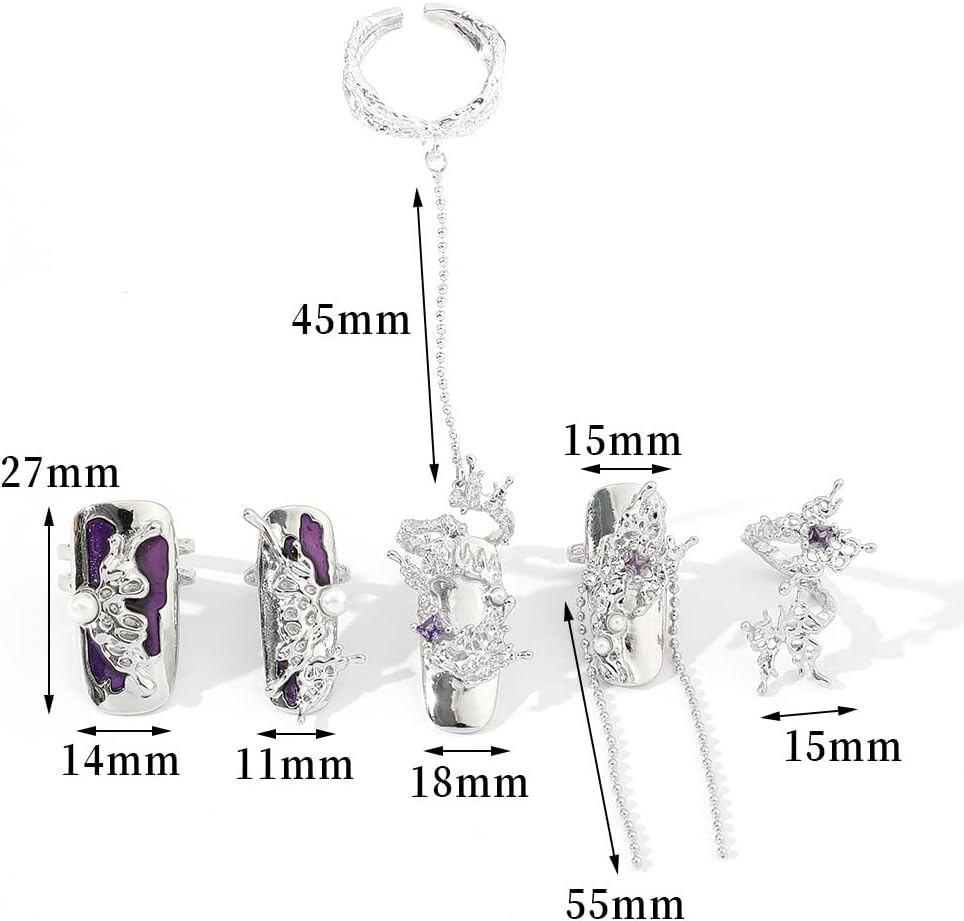 5Pcs Women Finger Tip Nail Rings, Adjustable Opening Nail Art Charms Accessories, Jewelry Fingernail Finger Tip Claw Nail, Fingernail Tip Fingernail Rings Set (Purple) image number 1