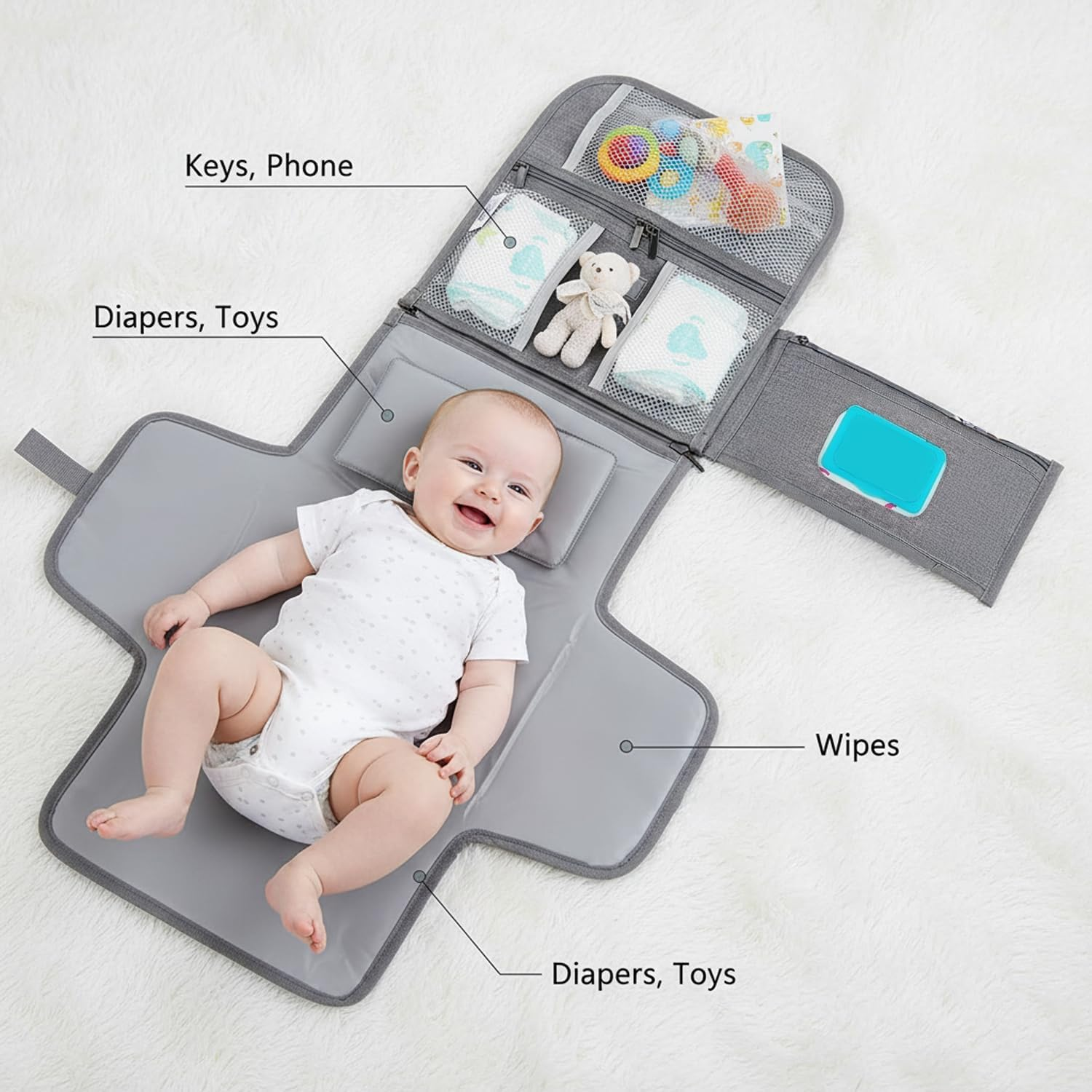 Portable Change Mat for Baby, Travel Changing Pad with Foldable Design and Wipeable Surface in Grey - Mecus image number 4