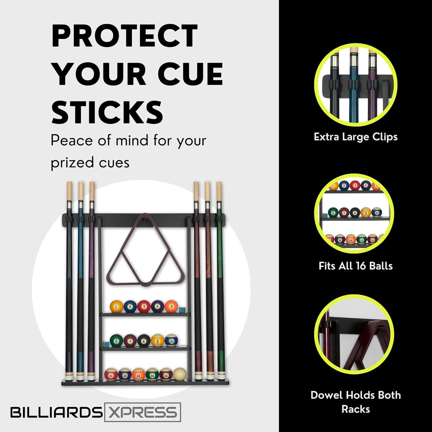 Pool Cue Rack - Pool Stick Holder Wall Mount with 16 Ball Holders & 6 Pack of Chalk - Rubber Circle Pads & Large Clips Prevent Damage - Compact Billiard Table Accessories for Man Cave image number 2