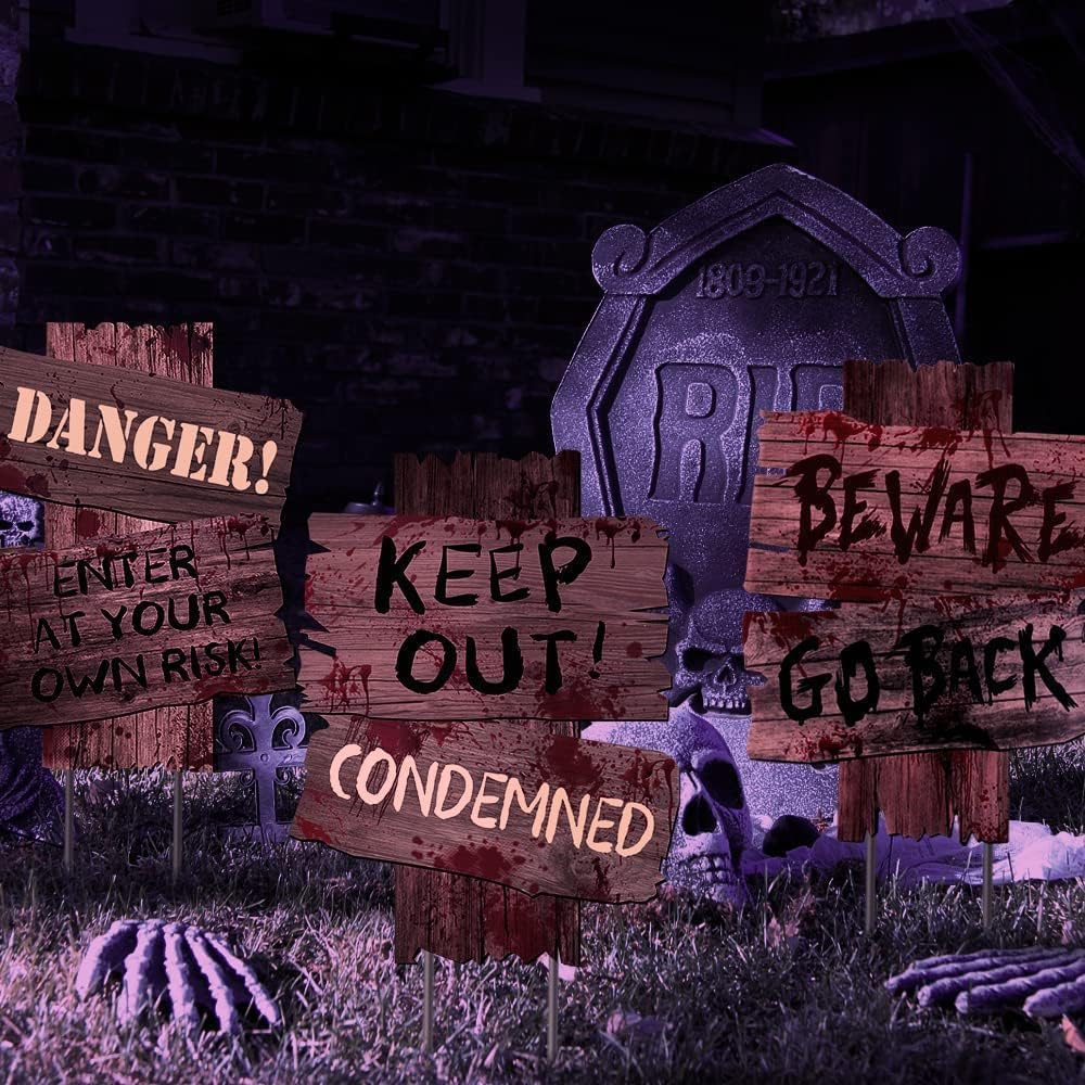 Halloween Decorations Outdoor Beware Yard Signs Stakes Creepy Assorted Warning Sign, Scary Zombie Theme Party Decor Supplies, Halloween Party Decorations, 6 Pieces, 22 X 30 CM (A) image number 5