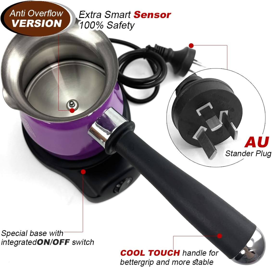 Mornest Electric Turkish Coffee Maker, Greek Coffee Pot with Patented Anti-Overflow Feature, 360 Degree Rotating Base, Portable Coffee for Home & Travel, Stainless, 4 Cups 200Ml (Purple)