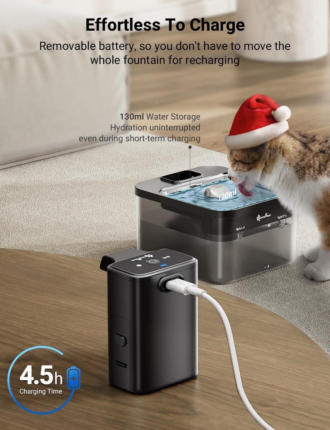 Downypaws Cordless Cat Water Fountain Battery Operated Rechargeable Wireless 4000 Mah Stainless Steel Motion Sensor Ultra Quite Pump 2.5L Indoor, Black image number 5