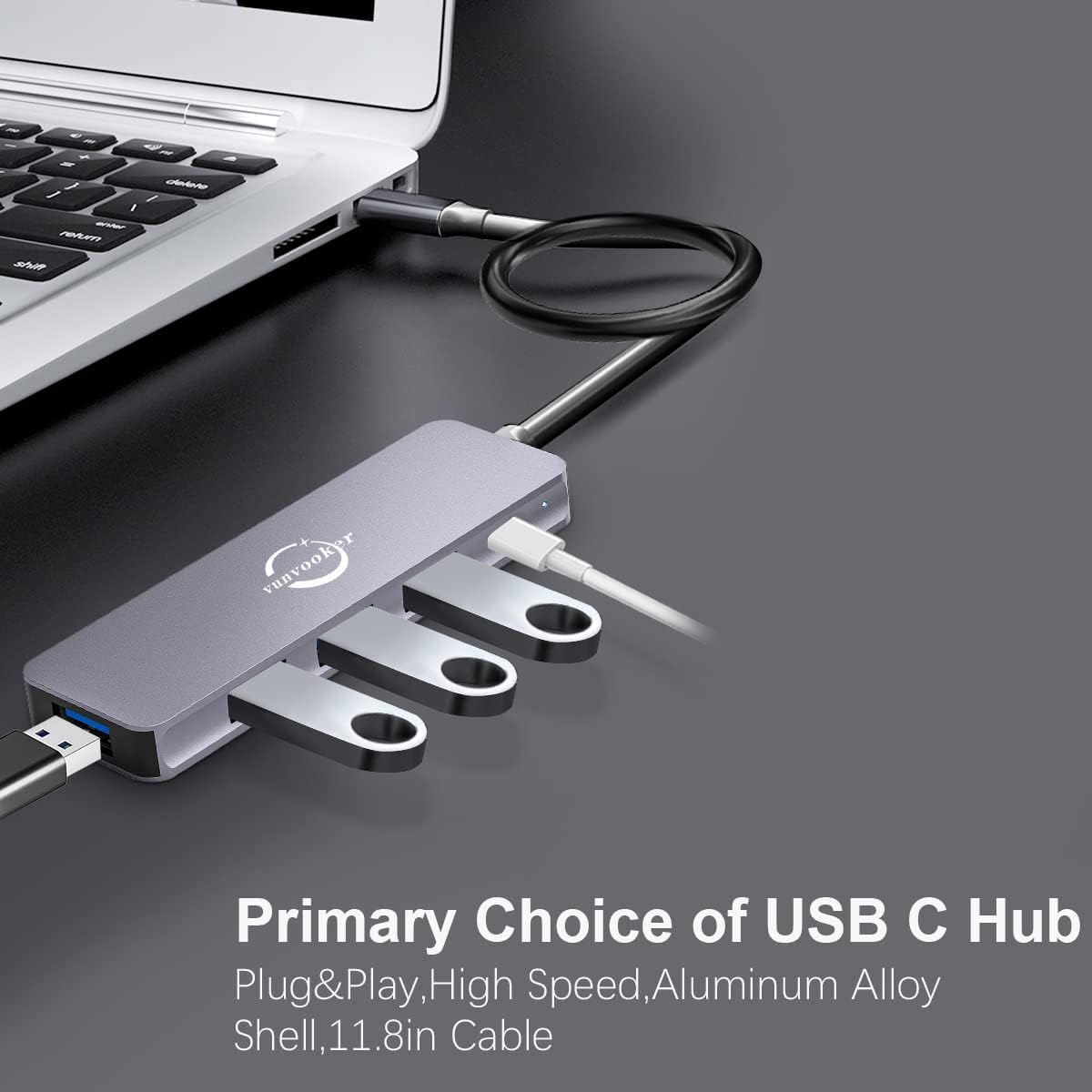 USB C Hub,Vunvooker 5In1 USBC Dongle with Long Cable,Usb C Splitter,Usb-C Expander for Laptop(100W PD,4 Port USB 3.0 Hub),Ultra Slim Mini Data Adapter for Macbook Pro/Air,Imac,Surface,Xps,Notebook image number 2