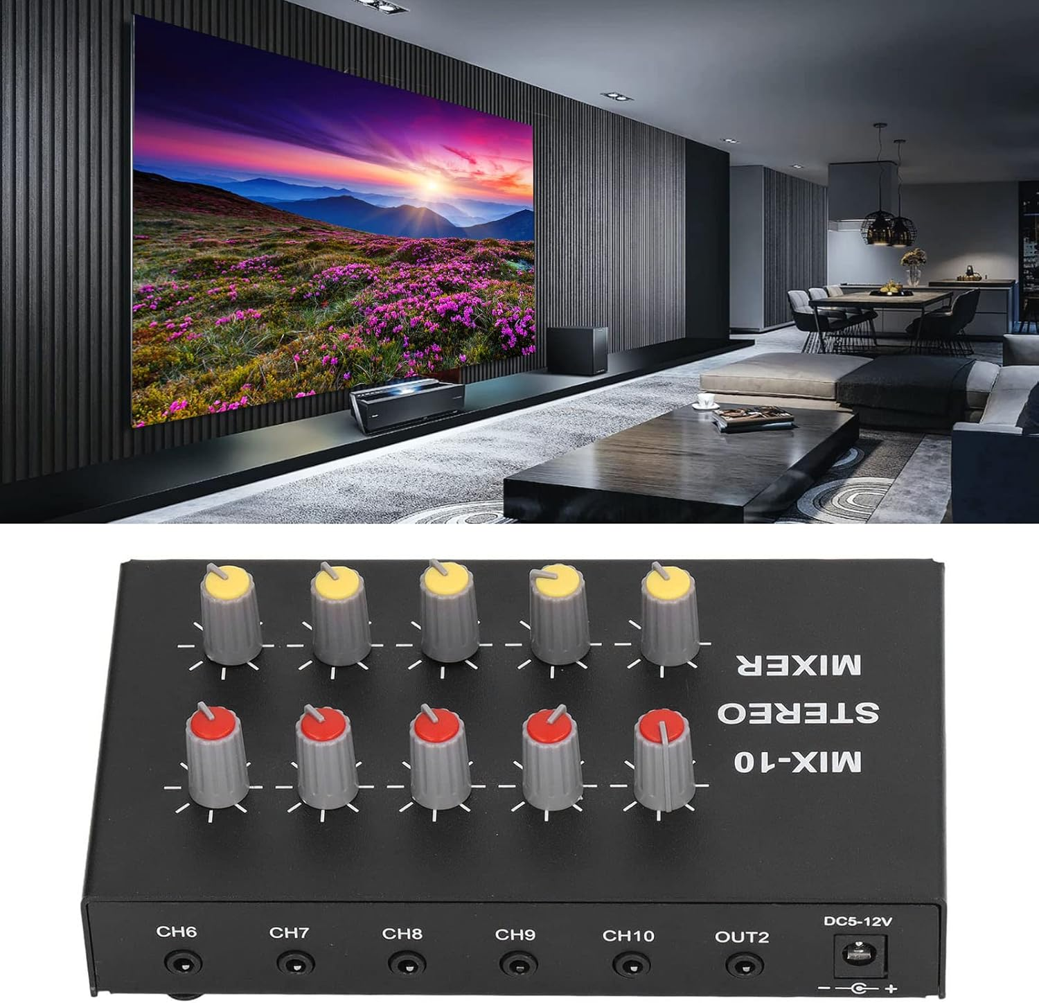 10 Channel Stereo Mixer, Adjustable Volume Aluminum Alloy Shell DC5‑12V Amplifier Mixer for Home Theater image number 6