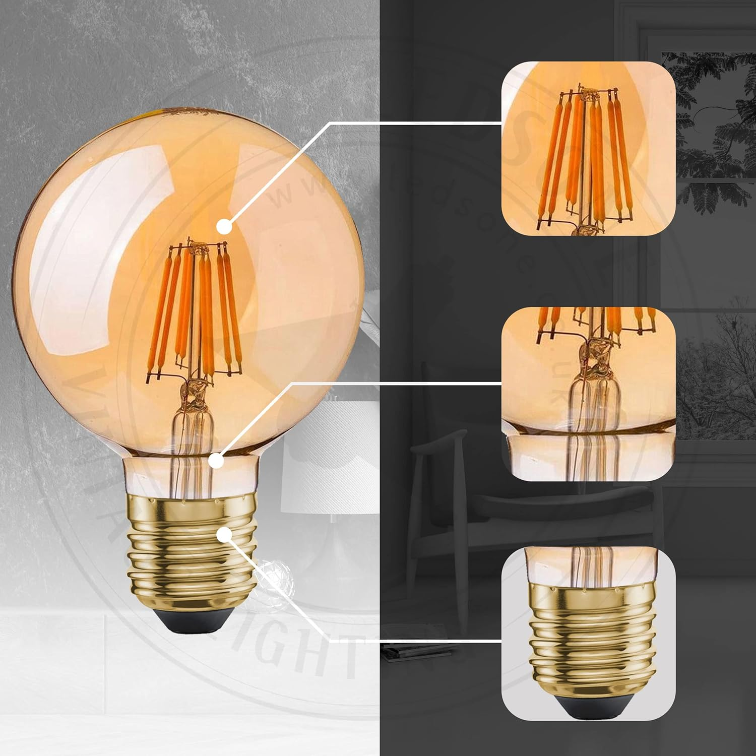 Ledsone, Vintage Light Bulb E27 Screw LED Edison Bulb 8W (60W Equilavent) G95 Edison Screw Light Bulbs,Warm White 2700K ES LED Filament Globe Bulb Antique Style Retro Amber Glass Screw Lamp,450Lm image number 3