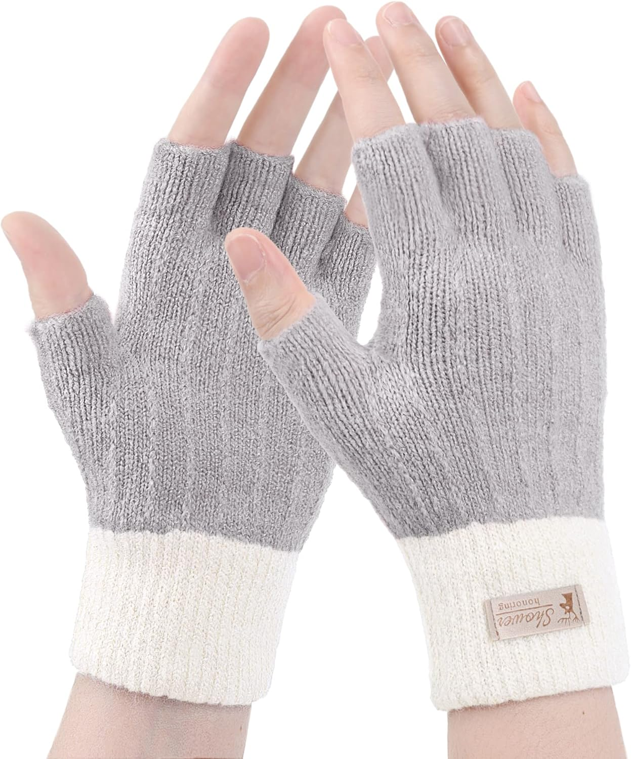 Fingerless Gloves for Women - Winter Thermal Gloves Warm Soft Knit Half Fingers Mittens for Ladies Driving Working Typing UK