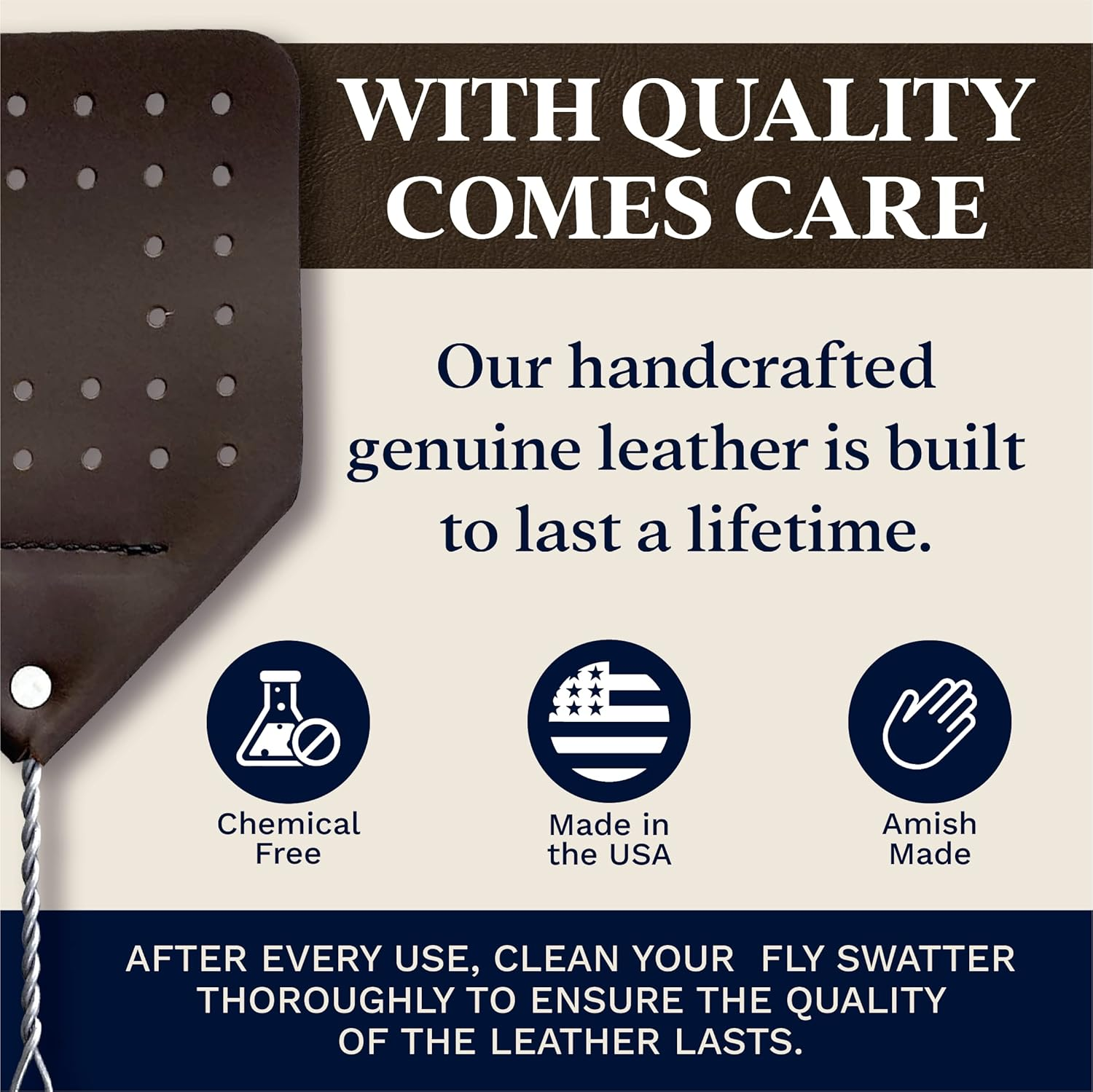 Leather Fly Swatter &ndash; 17&rdquo; Amish Made Heavy Duty Flyswatter &ndash; Durable Metal Spring Handle - Rustic Fly Swatter for Flies, Mosquitoes, Horse Flies, Wasps, Insects (2, Chocolate)