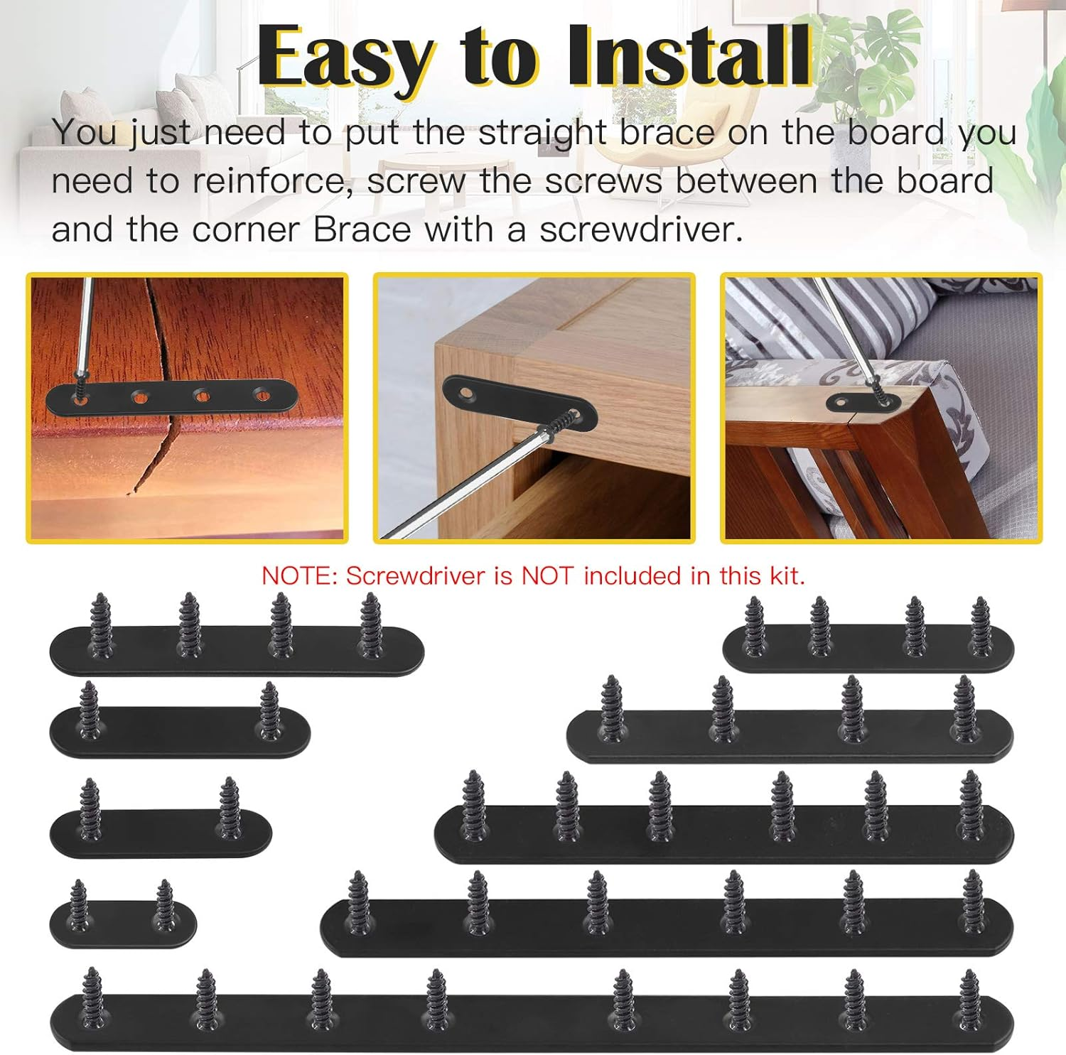 Mardatt 15 Sets 100X17.4Mm(3.9X0.68Inch) Stainless Steel Black Straight Bracket Mending Plates for Wood Heavy Duty Flat Straight Brace Joining with Mounting Screws image number 4