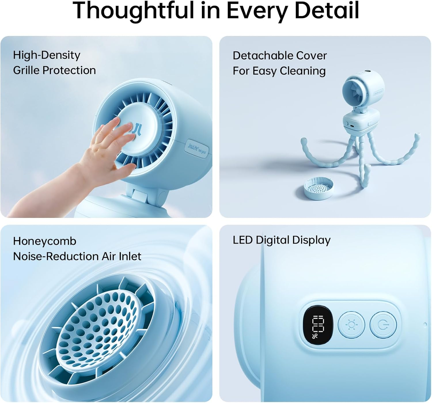 JISULIFE 2026 Clip Fan &ndash; Small & Stylish with 38H Cooling, Soft Night Light, One‑Click Detachable for Stroller or Desk, Safe Stroller Fan for Crib Car Seat Nursery Travel, Gifts for Baby Mom (Blue) image number 6