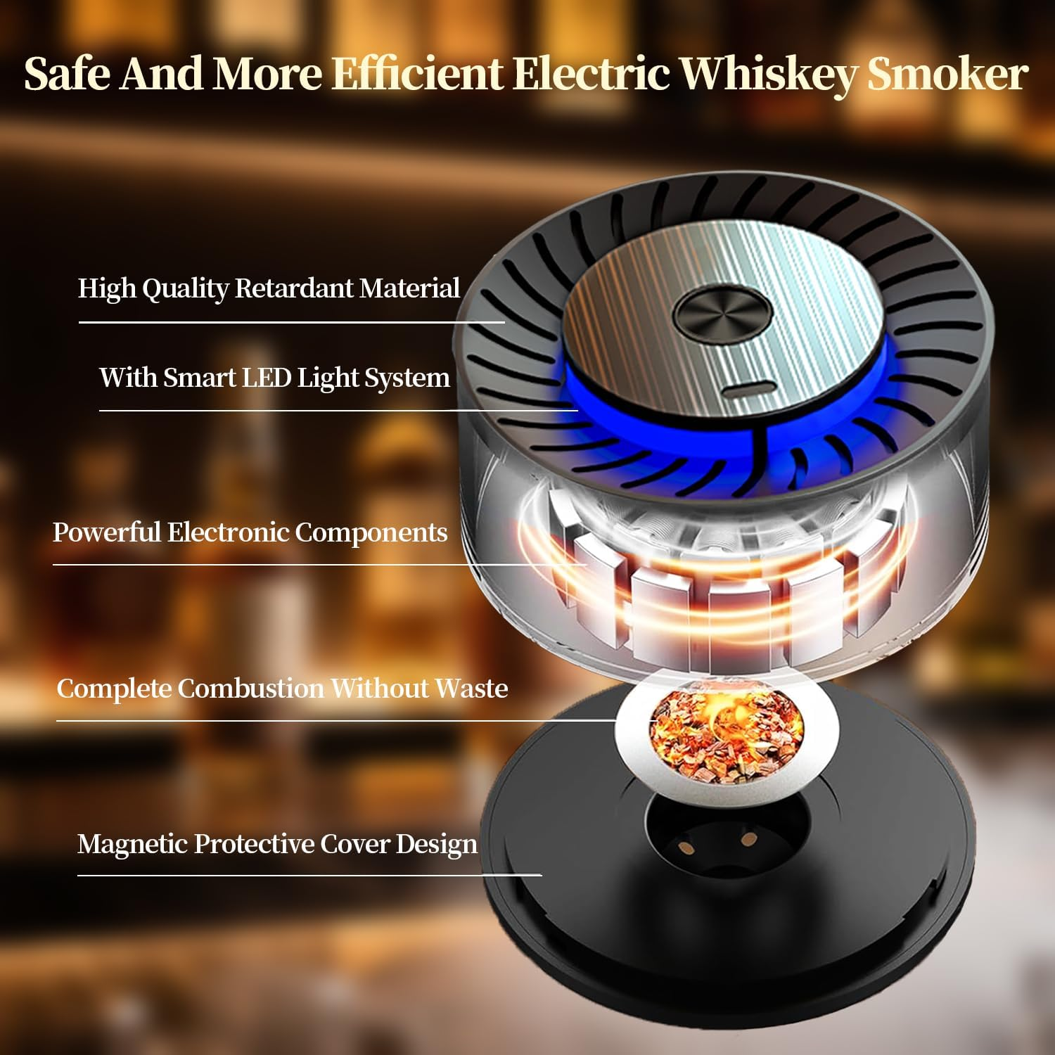 Electric Whiskey Smoker Kit, Rechargeable Built-In Lighter & LED Light, No Butane Needed, 6 Flavored Wood Chips for Cocktails & Old Fashioned Drink, Bourbon Whiskey Gifts for Men Husband Dad image number 6