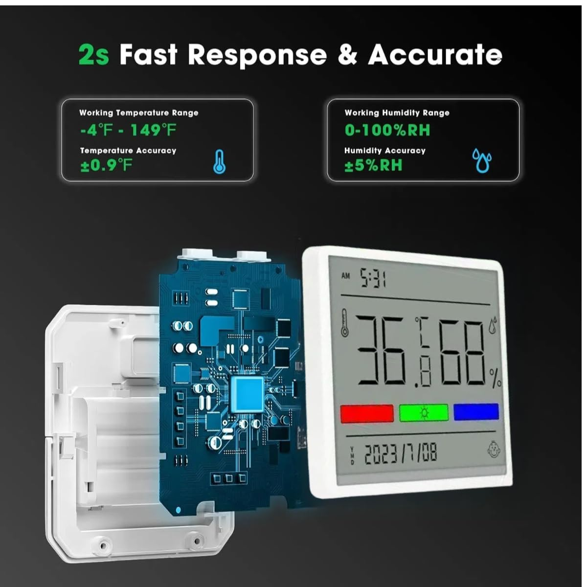 Digital Hygrometer Indoor Thermometer Humidity Meter with Time and Date Display, W.Sealet High Accuracy Room Thermometer Humidity Sensor with Large LCD Screen Display for House-White image number 3
