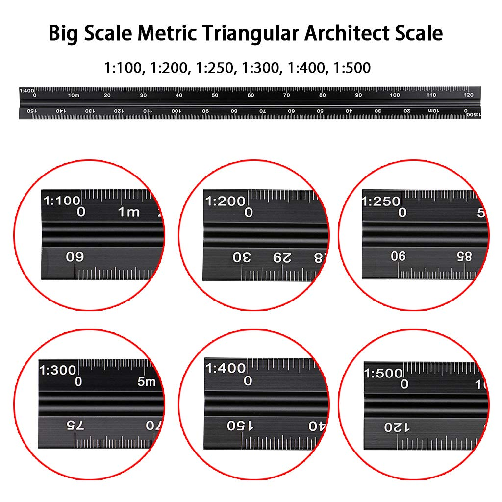 Ownmy 30CM Solid Aluminum Metric Triangular Architect Scale Ruler Set, Architectural and Engineer Scale Ruler Set Professional Laser Etched Scales Drafting Rulers for Blueprints and Civil Engineering image number 1