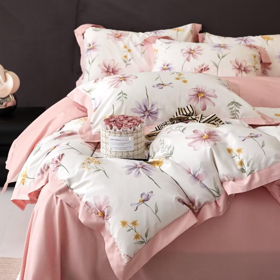MKXI Garden Floral Duvet Cover Pink Princess Bedding White Aesthetic Duvet Cover Rustic Flowers Print Full Size Charming Floral Comforter Cover Pink and White 100% Cotton image number 2