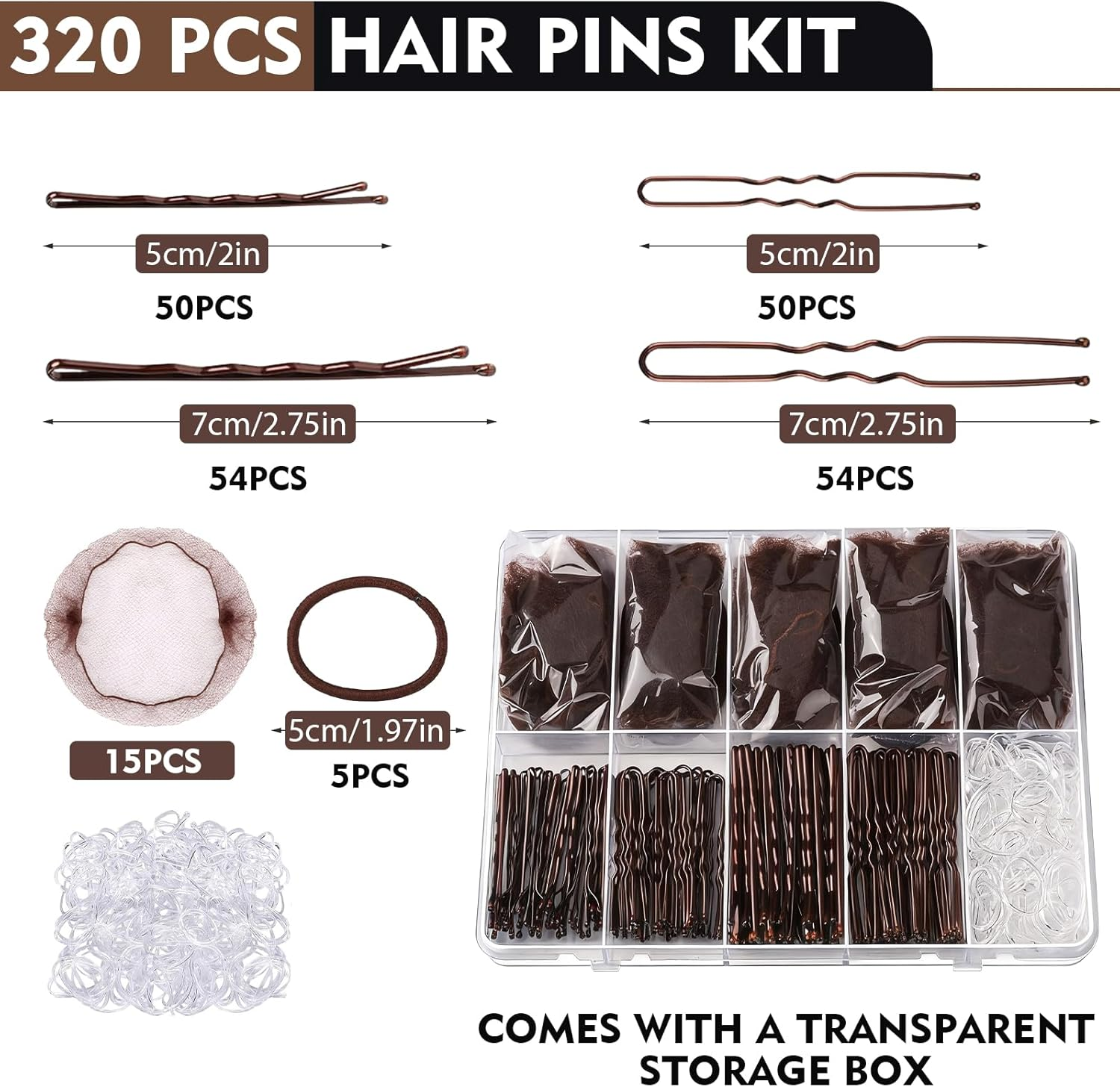 328 Piece Hair Pins Small Bobby Pins Set - 104 U-Shaped Hair Pins, 104 Bobby Pins, 100 Rubber Bands, 15 Hair Net Bun, 5 Scrunchies, Hairstyle Accessories for Girls with Storage Box (Coffee Brown) image number 4