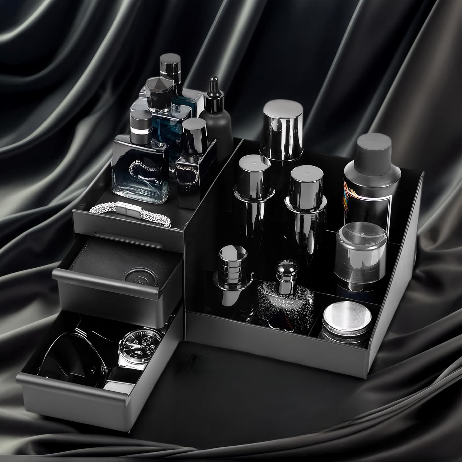 SESLEL Men'S Cologne and Perfume Organiser, Black Acrylic Display Shelf, Cosmetics, and Toiletries, Desktop Storage Organizer Stand for Bathroom image number 1