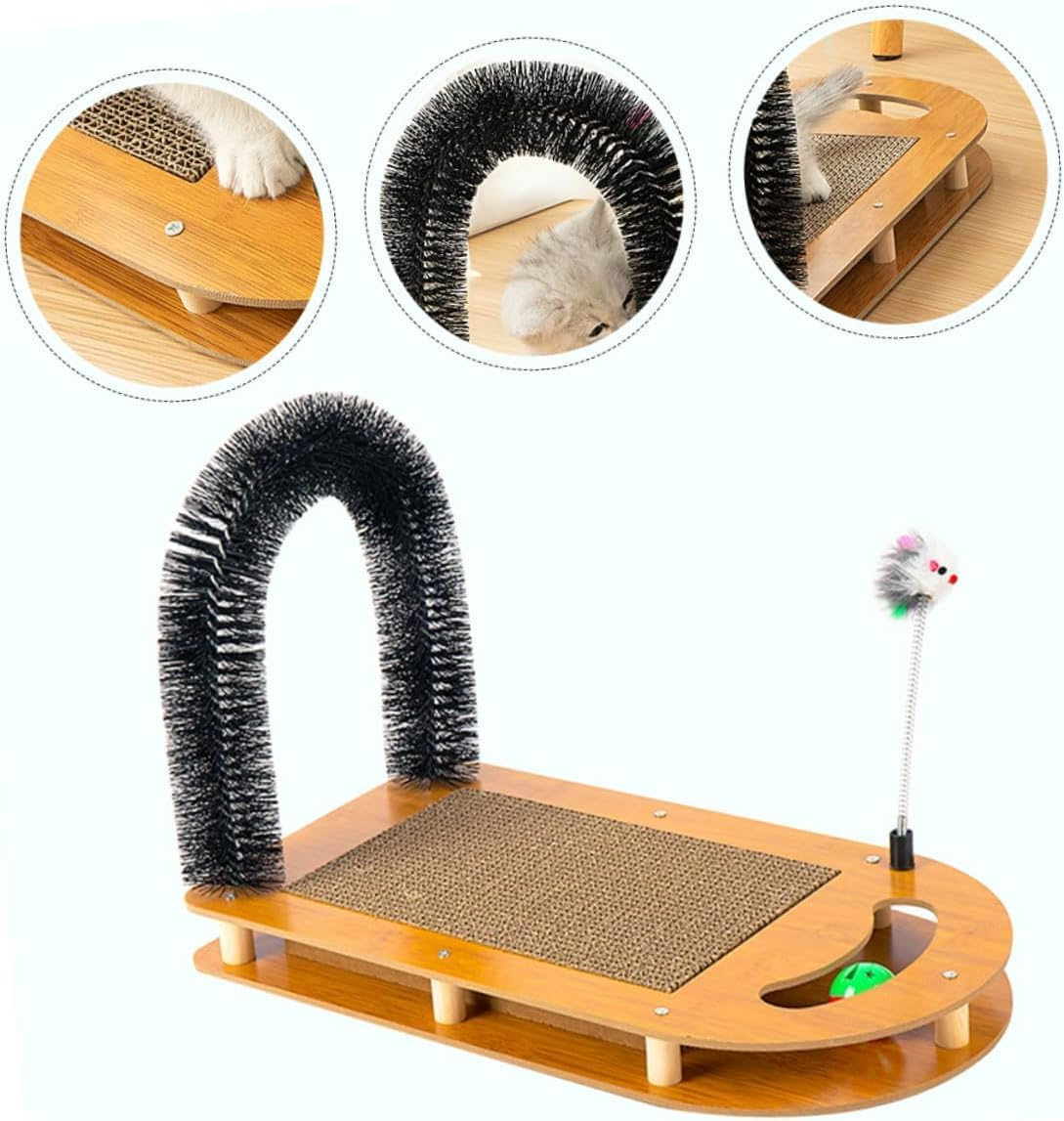 Cat Brush 4 in 1 - Scratching Board, Scratching Arch with Scratching Mats, Care Device with Scratching Pad, Cardboard Scratcher with Bell, Massager, Pet Brush with Interactive Mouse Toy
