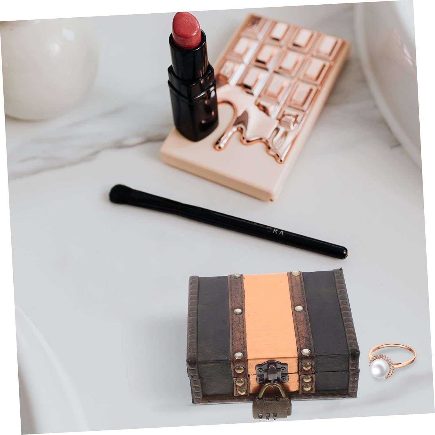 Angoily Vintage Wooden Treasure Chest Decorative Keepsake Box with Lock Retro Storage for Jewelry Documents Trinkets Unique Home Decor Idea image number 5