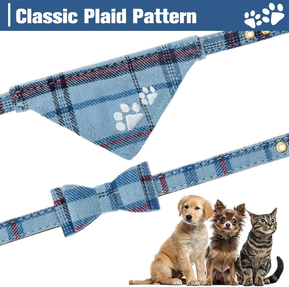 EXPAWLORER Dog Collar and Leash Set - Pawprint Plaid Collar with Bow Tie and Bell, Cute for Dogs and Cats, Blue S-M image number 5