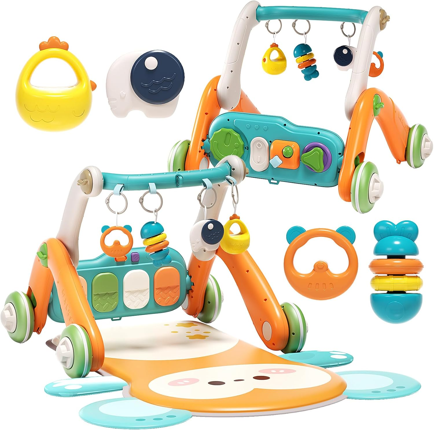 Jovow 2 in 1 Baby Gym with Walker,Baby Play Mat with 4 Infant Learning Sensory,Double-Sided Multifunctional Removable Play Piano Panel,Sit-To-Stand Learning Walker for 0-24 Months Boy Girl [White]