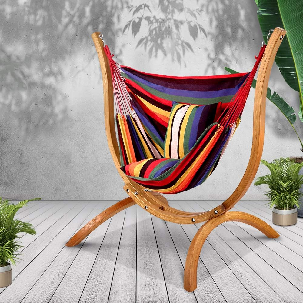 Gardeon Hammock with Stand, Wooden Single Hammocks Chair Bed Lounge Swing Chairs Sun Lounger Outdoor Furniture Indoor Travel Garden Accessories, Pillow Adjustable Chain Length Colorful