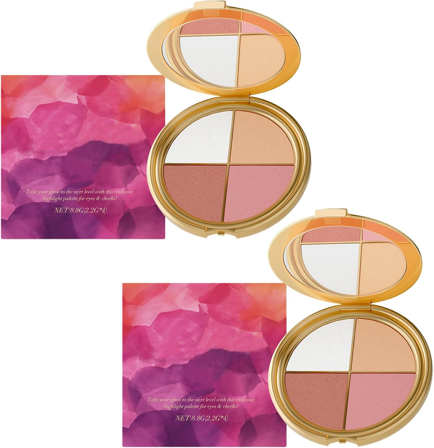 Highlighting Eye&Cheek Palette - Eyeshadow and Highlighter Makeup, 4-In-1 Highlight Shades Makeup for Blush, Silky Smooth and Easy-Blending, Natural Glow Contour Powder, for Cheeks and Eyes (2Pcs)