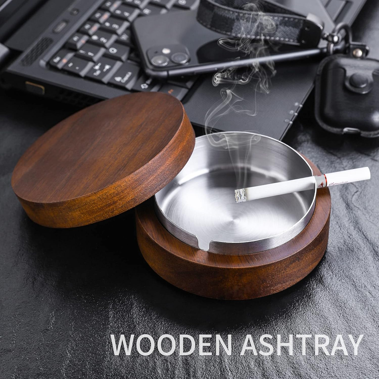 Wooden Ashtray with Lid for Smokers Stainless Steel Liner Ash Tray Windproof Durable Easy to Clean Cool Ashtrays for Indoor or Outdoor Use, Patio, Office & Home image number 1