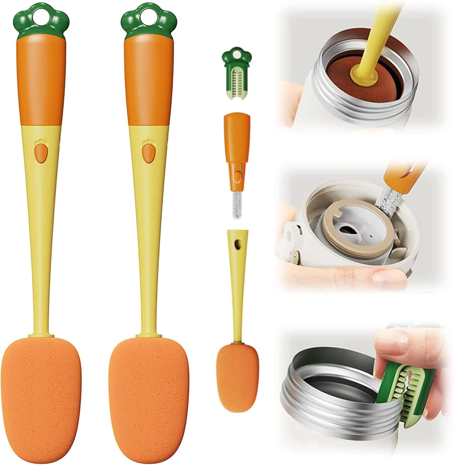 3-In-1 Multifunctional Cup Brush, Cleaning Brush in Carrot Shape, Sponge Brush Long Handle Bottle Cleaner Brush for Hydroflasks, Insulated Bottle, Vase, Narrow Neck Containers (2 Orange)