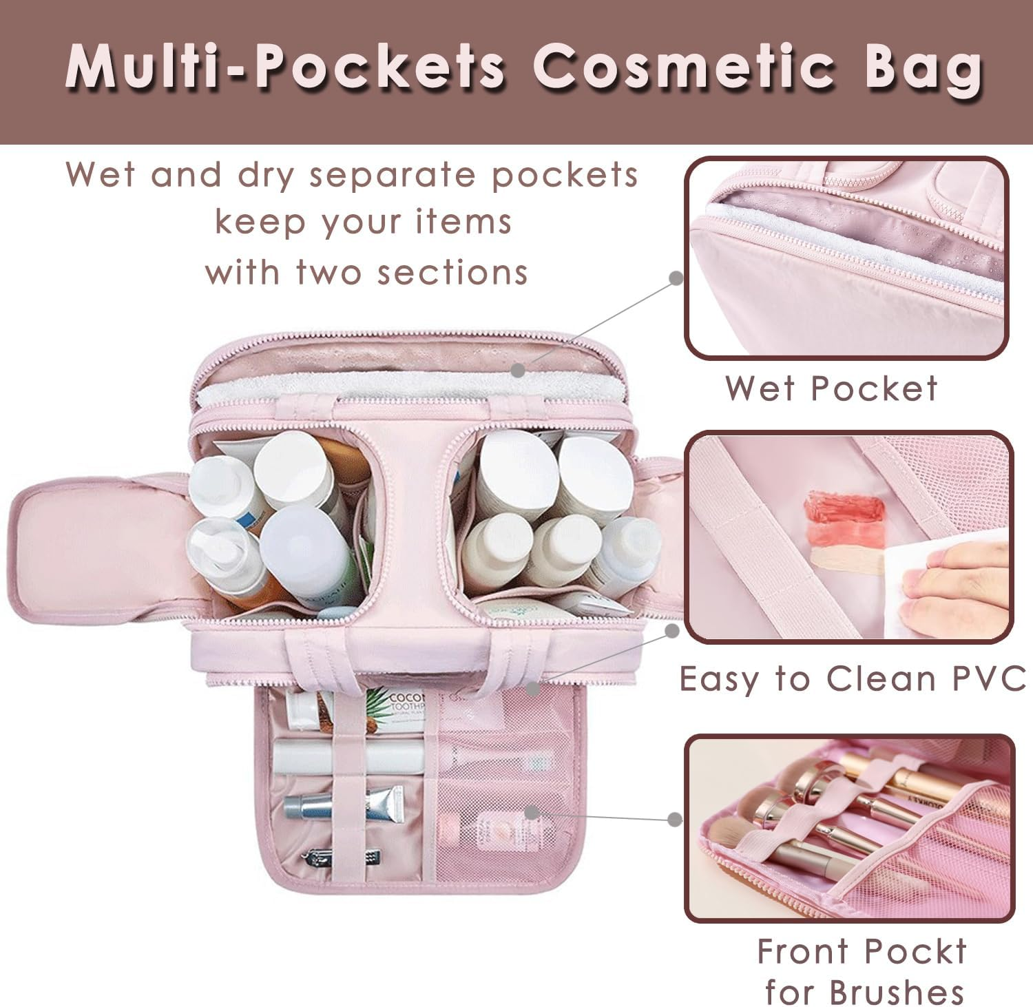 Travel Toiletry Bag, Puff Large Capacity Cosmetic Bag, Lightweight Wide Open Travel Bag for Women, Makeup Toiletry Bag Organizer with Handle for Accessories,Essentials. (Pink) image number 1