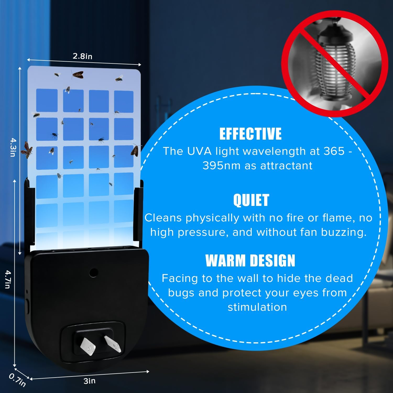 Yakiter 2 Pack Indoor Plug-In Mosquito Killer, Flying Insect Trap for Flies, Fruit Flies, Moths & Gnats, UV Attractant Catcher & with Adjustable Brightness Night Light,10Pcs Adhesive Cards(Black) image number 5