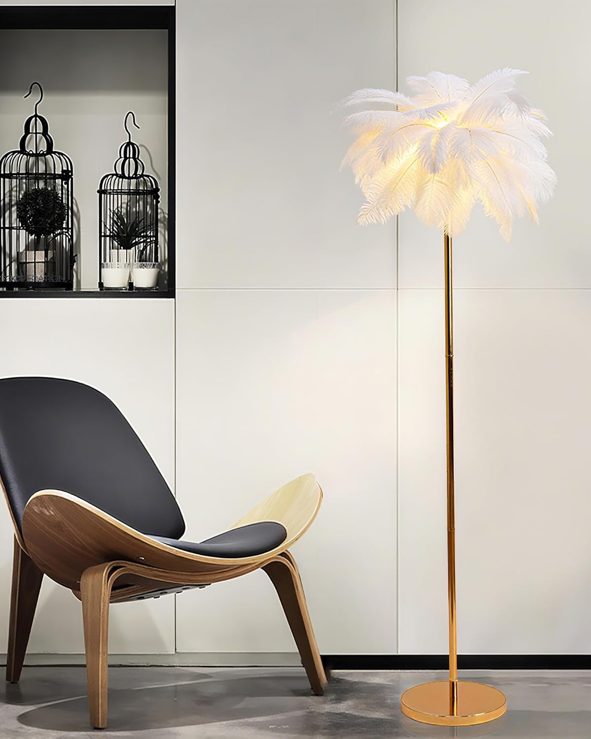 Feather Floor Lamp for Living Room, Fluffy Ostrich Feathers Lamp, Golden Color Body, 3 Color Temperatures Modern Funky Arc Tall Standing Lamp for Bedroom Inclued Bright LED Bulbs (White) image number 4