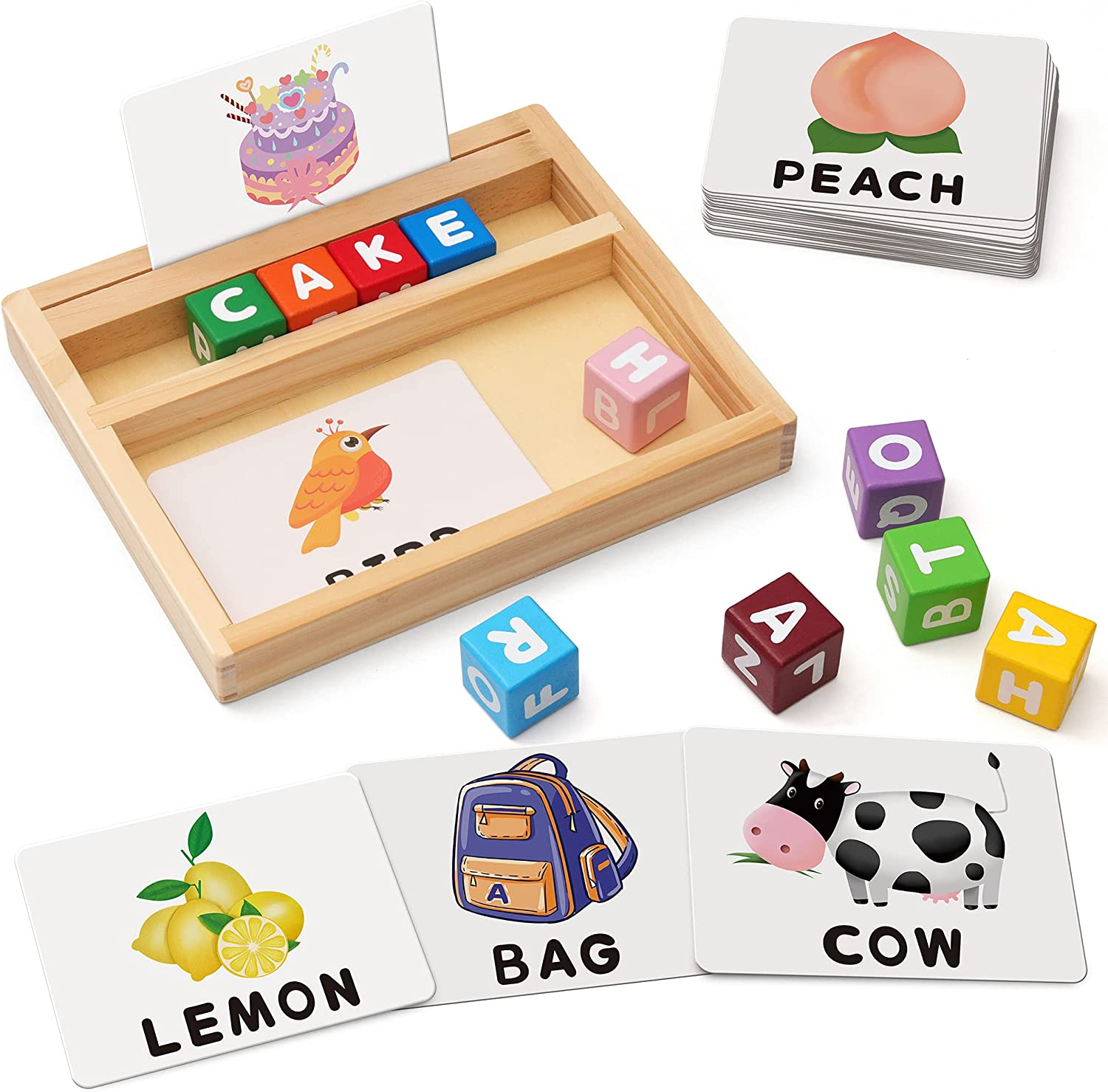 Coogam Wooden Blocks Spelling Game, Color Alphabet Letters Matching Flash Cards ABC Sight Words Learning Educational Montessori Puzzle for Preschool Kids Boys Girls Age 3 4 5 Years Old image number 1
