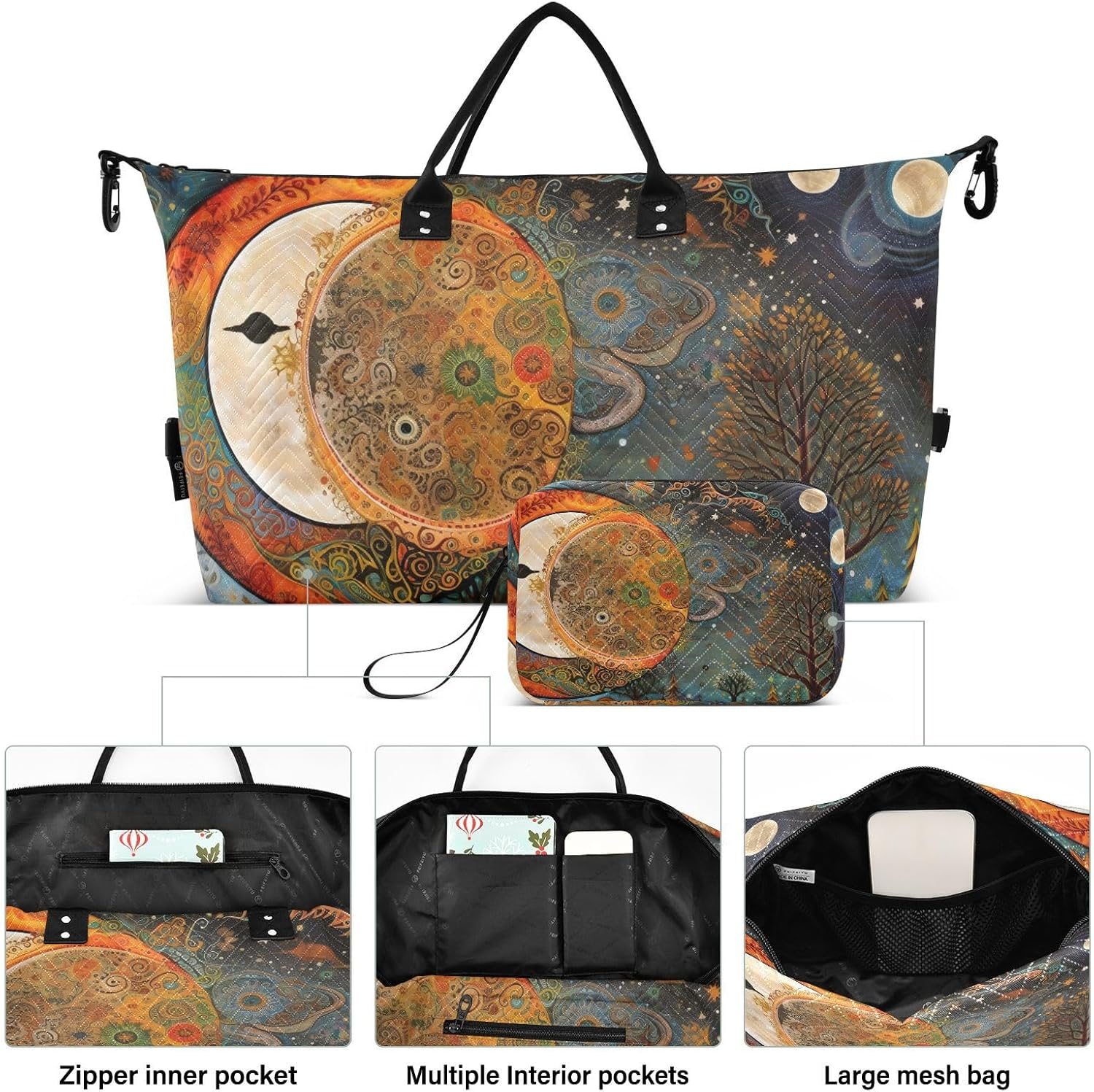 XYMZR Large Travel Duffel Bag, Sun Moon Dreamcatcher Sports Tote Gym Bag, Shoulder Weekender Overnight Bag for Women Men, Carry on Luggage with Toiletry Bags, Multi-Colored, Multi-Colored image number 3