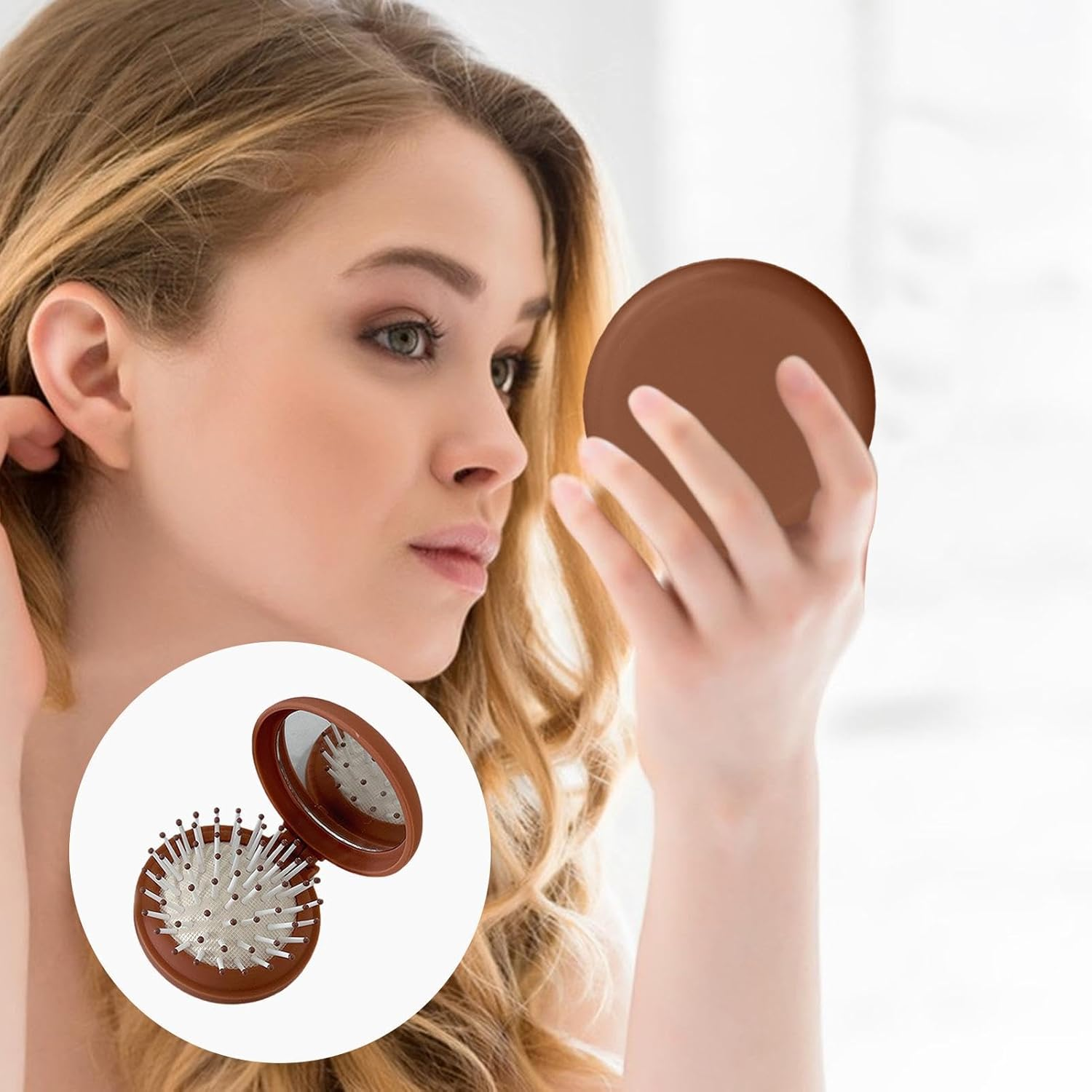 Pocket Hair Brush - Miini Travel Hair Brush, Handy Pocket Hair Brush | Compact Design Small Folding Hair Brush with Miirror, Pocket Hair Comb for Bag - White. image number 7