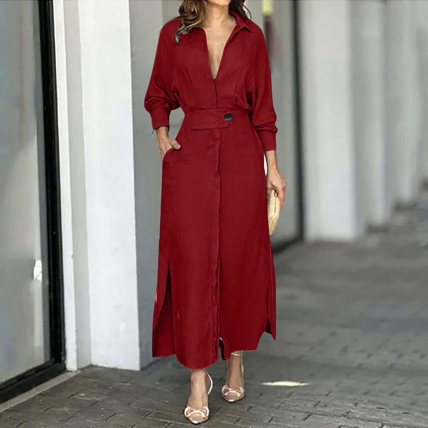 Cute Maternity Dress for Women Cotton Linen Formal Maxi Dress Casual Lapel Long Sleeve Dresses with Pockets V Neck Dresses Flower Pattern Pan Collar Women image number 6