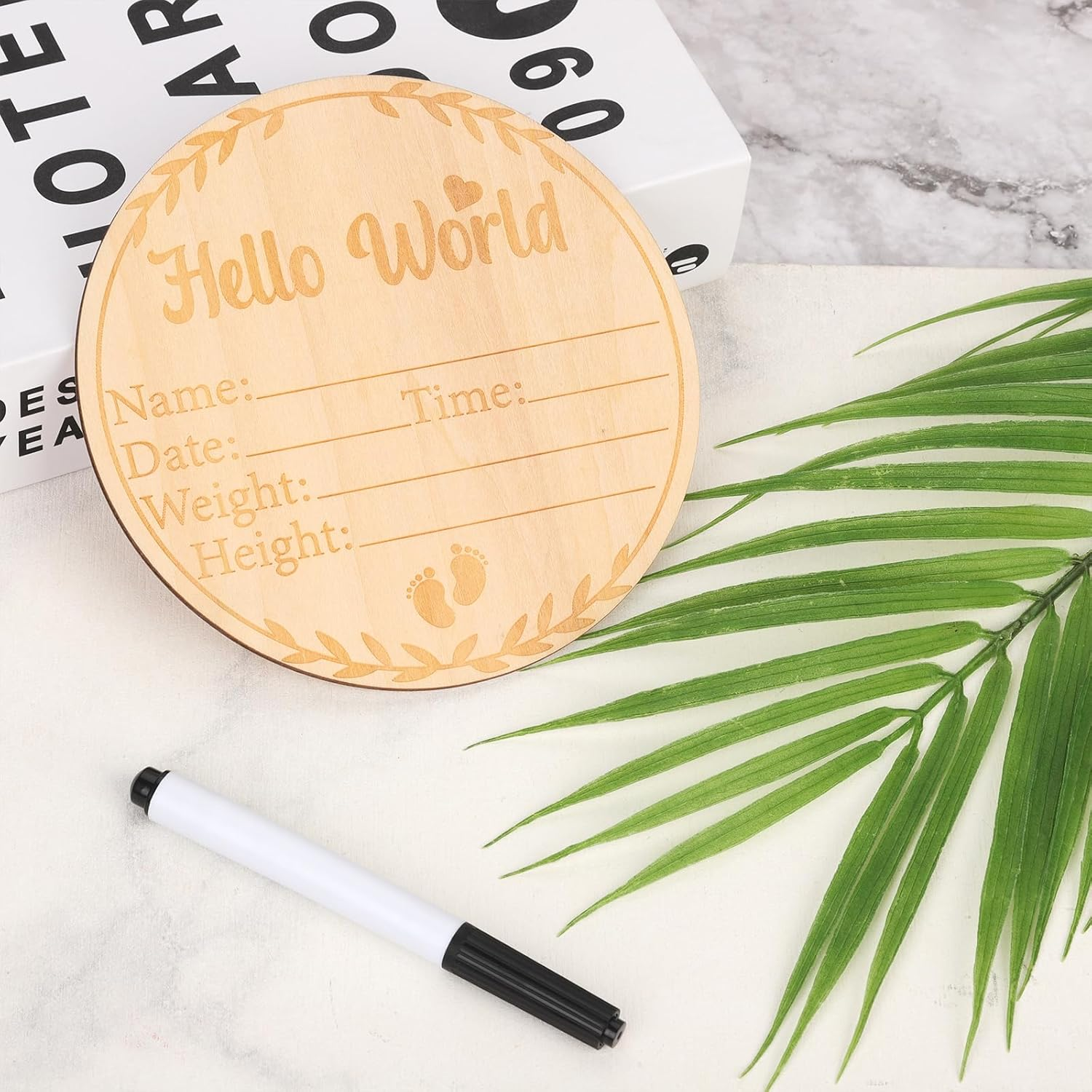 Baby Announcement Sign, 5.83 Inch Wooden Hello World Newborn Plaque Newborn Announcement Sign Birth Announcement Cards Board Baby Name Cards Outfit for Baby Gift Hospital (Style 1) image number 3