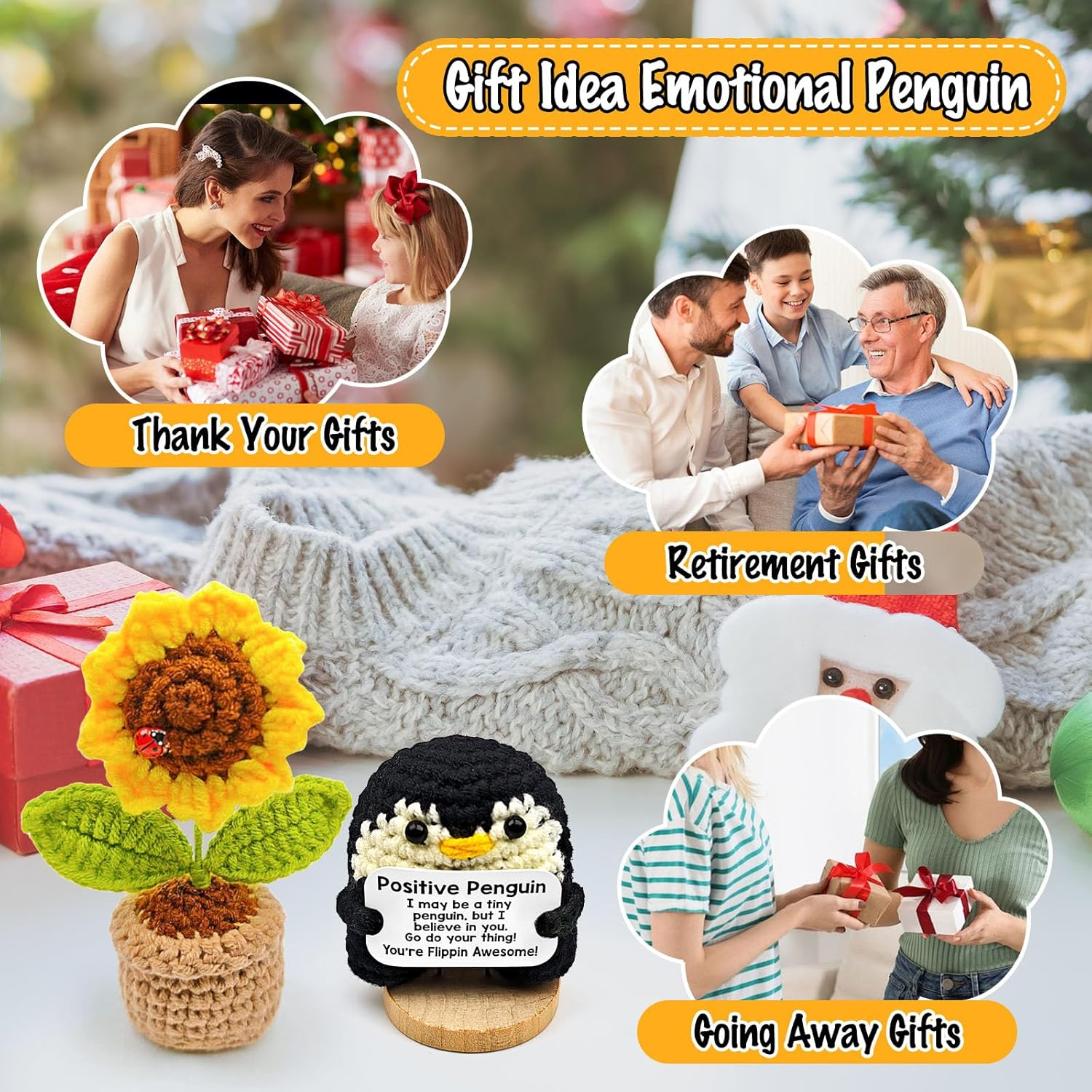 Mini Postive Crochet Funny Gift, 2PCS 3 Inch Cute Crochet Sunflower Pot Desk Decoration Toy with Positive Card for Dad Father Women Mom Best Friend Teacher Fall (Sunflower & Penguin)