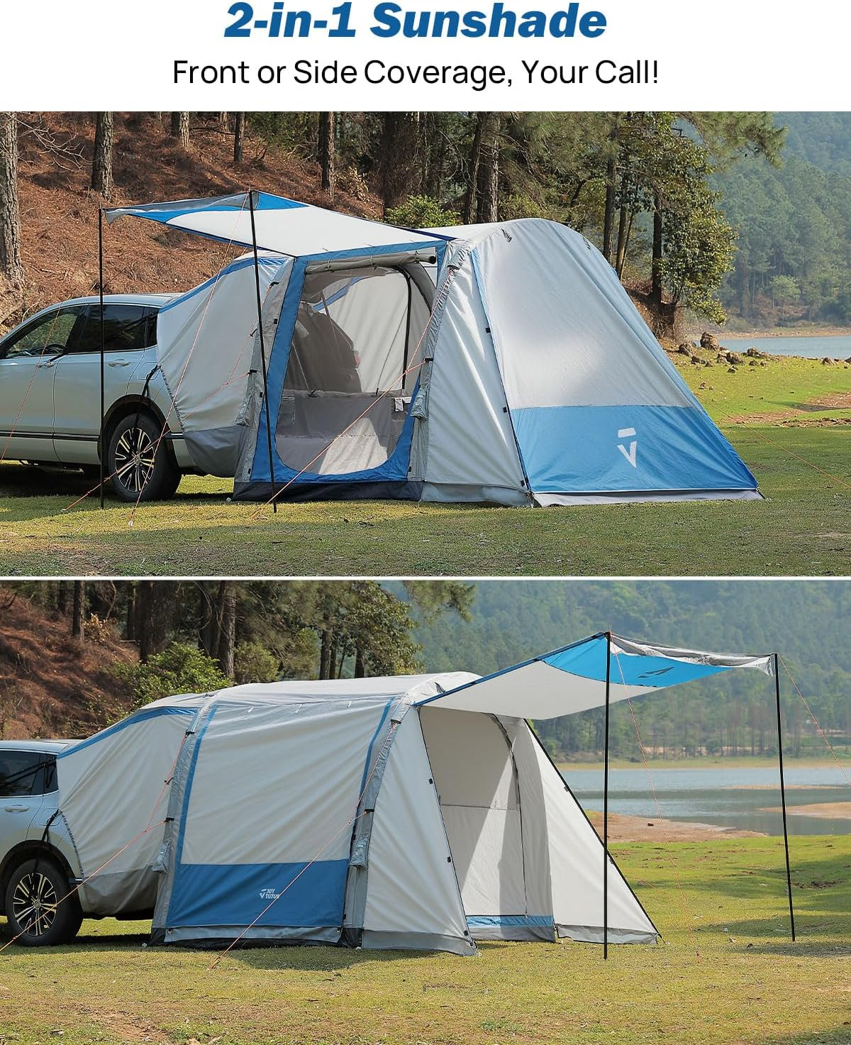 JOYTUTUS SUV Tent with Inflatable Pump, Easy Set-Up Car Tent for 6 Person with Car Roof Canopy, Dual-Use Blow up SUV Camping Tent with 2 Awnings, Double Door image number 6