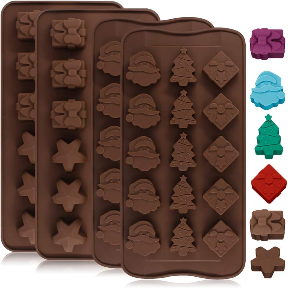 4 Pack Christmas Chocolate Molds, Danzix Chocolate Candy Molds, Cake Decoration, with Shapes of Star, Gift Box, Christmas Tree, Santa Head for Christmas Xmas New Year Cake Decoration image number 2