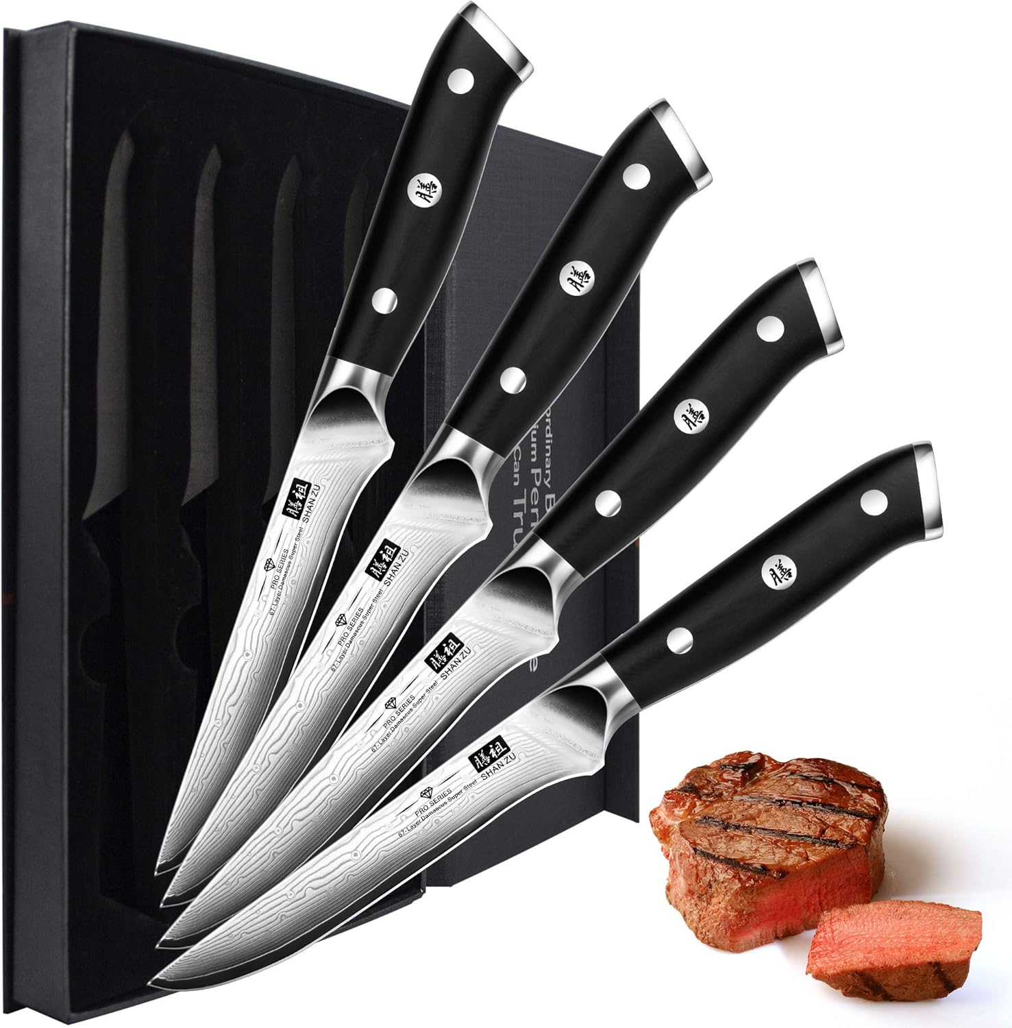 SHAN ZU Kitchen Steak Knives Set of 4, High Carbon German Stainless Steel Knives with 15&deg; Double Sided Edge & Ergonomic Pakkawood Handle