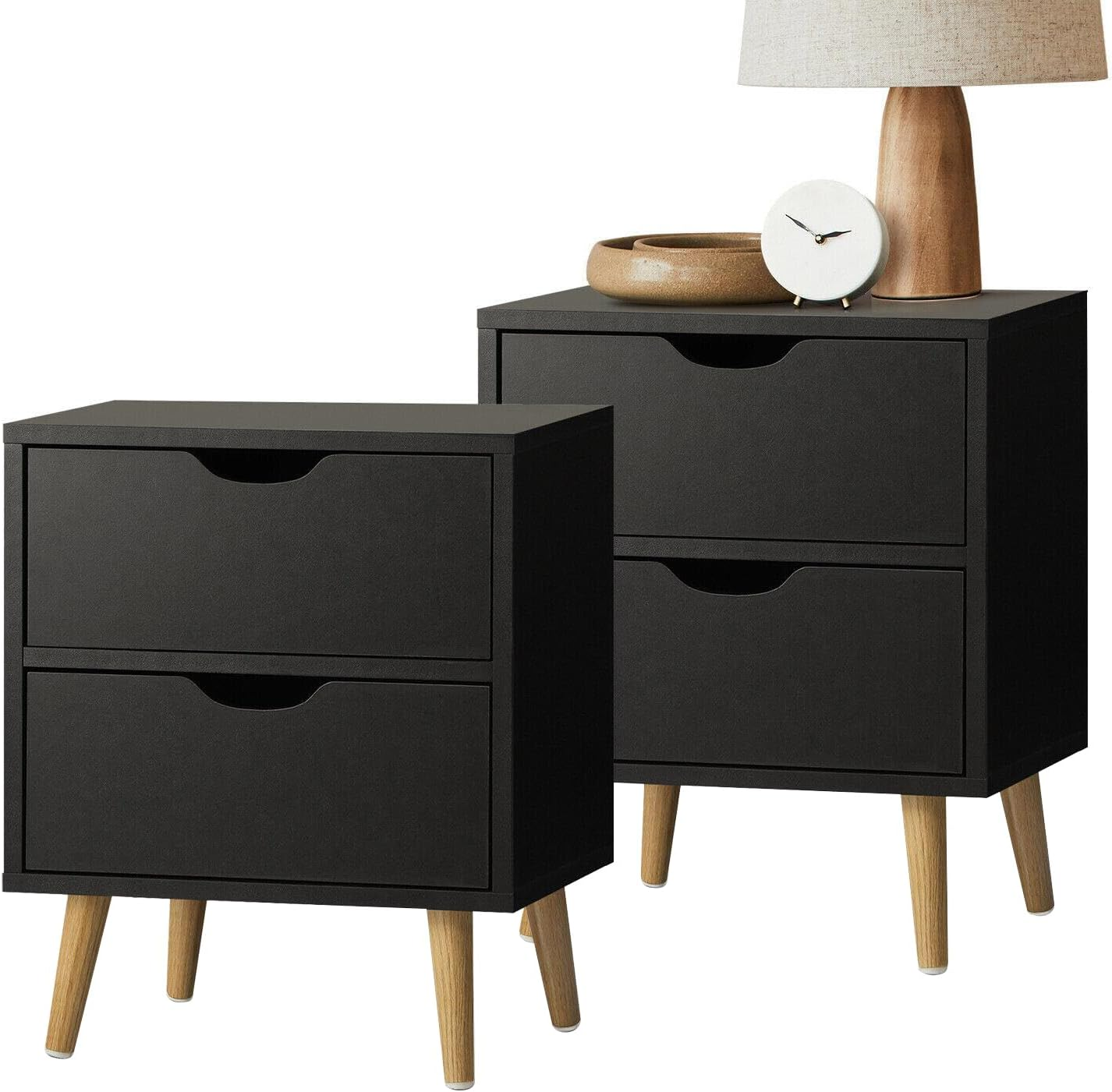 OIKITURE Wooden Nightstand with Handles, Bedside Table with 2 Drawers, Side Table Storage Cabinet for Bedroom Living Room Office, Home Furniture Organiser, White