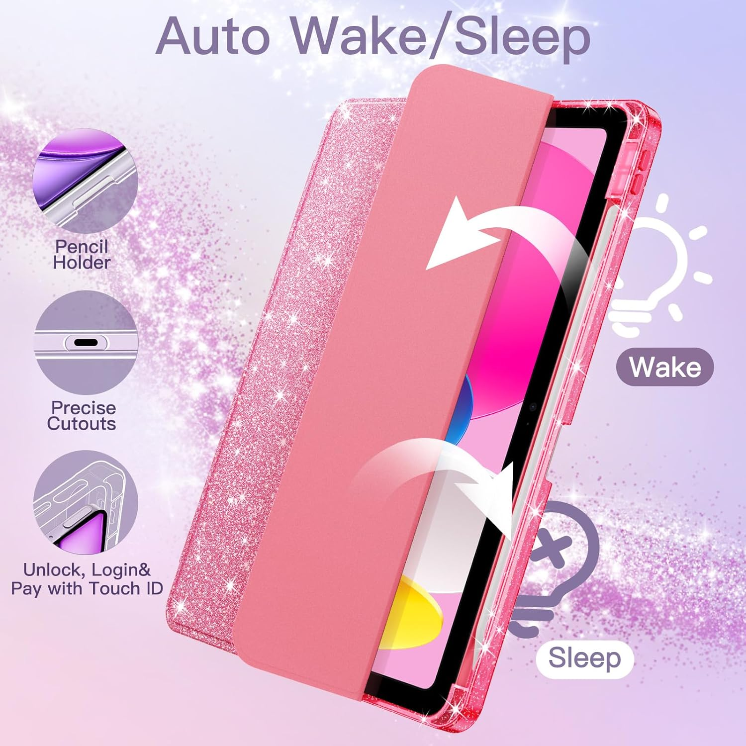 Jetech Glitter Case for Ipad (A16) 11Th/10Th Generation (2025/2022) with Pencil Holder, Cute Sparkly Slim Cover for Kids and Girls, Shiny Clear Back Shell (Pink) - Gold image number 3