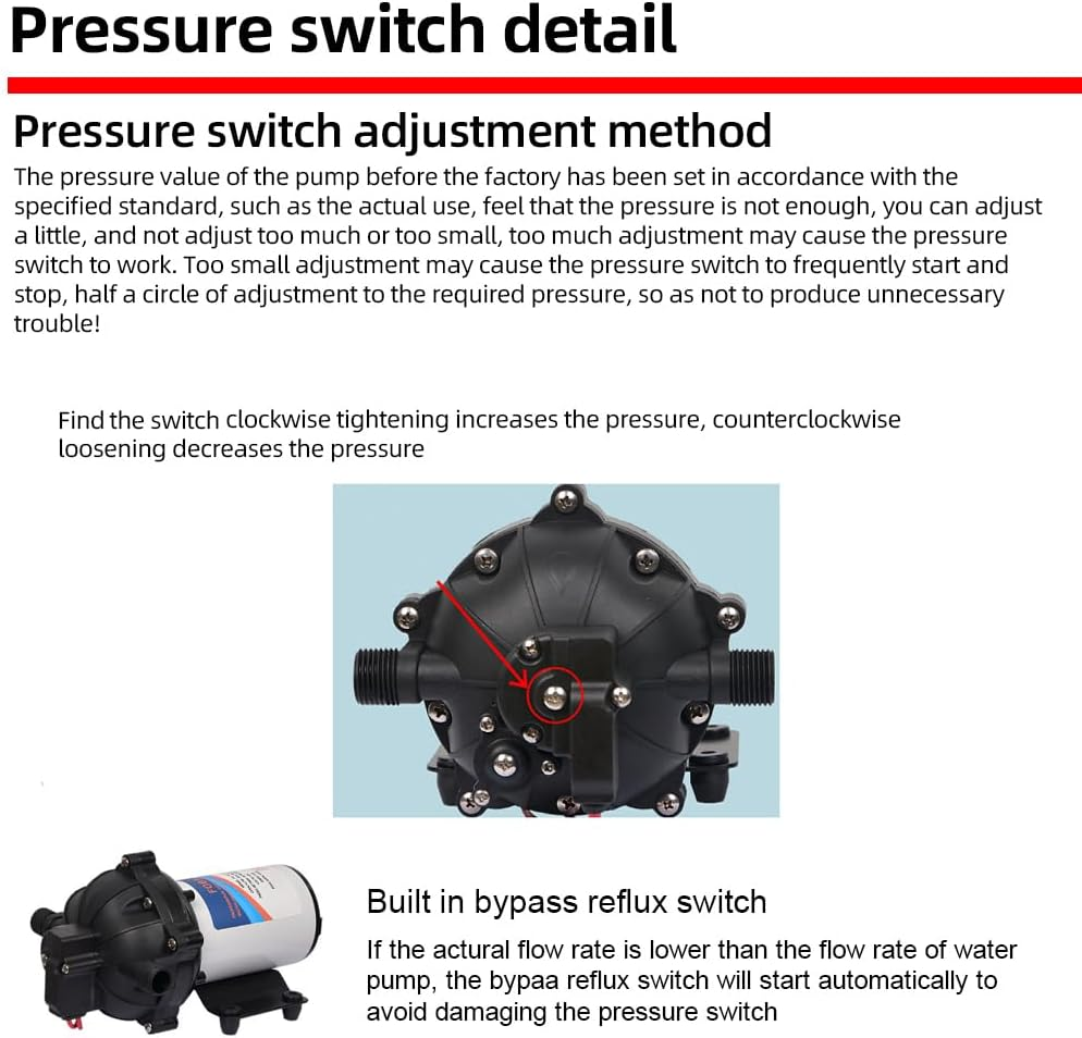 12V Water Pressure Diaphragm Pump 5-Chamber Self-Priming Pump 5.5GPM Water Transfer Pump 70PSI with Water Strainer Hose Fittings for Kitchen Bathroom RV Caravan Yacht Agriculture Garden Hose 12V image number 3
